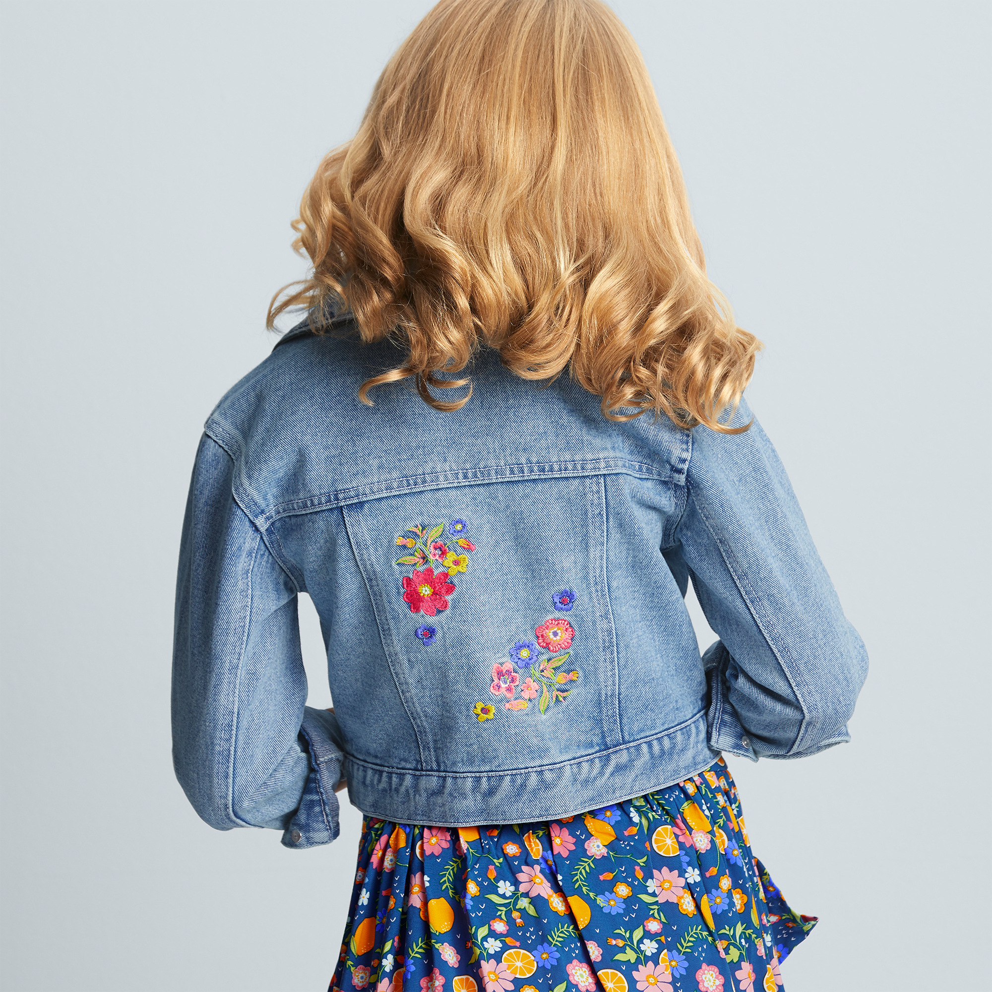 Floral Embroidered Cropped Denim Jacket for Girls | Style in Bloom