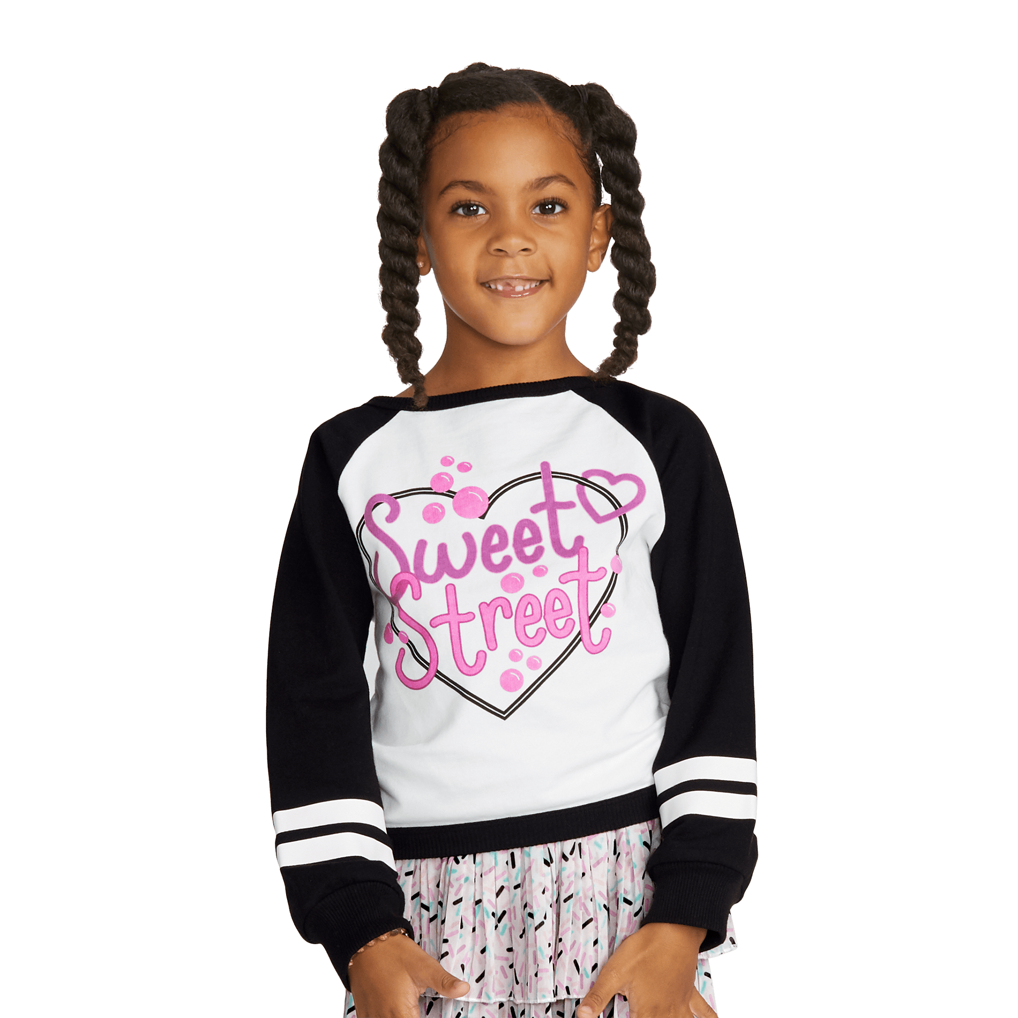 Girls' Glitter Pink Sweatshirt with Black Raglan Sleeves | Sweet Street