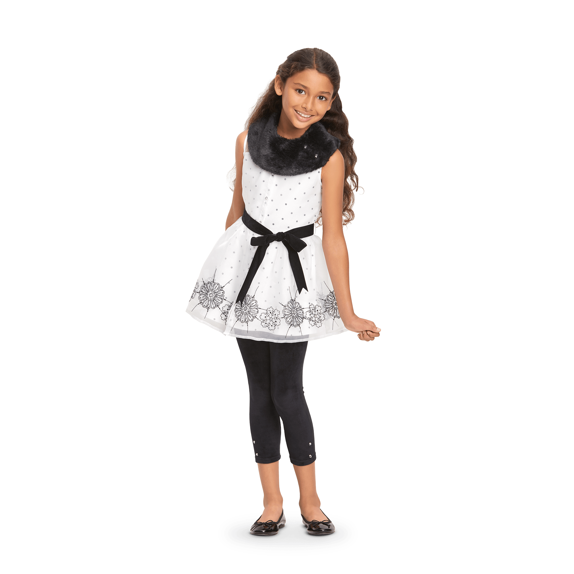 Girls' White Organza Tunic with Snowflake Embroidery & Faux-Fur Collar
