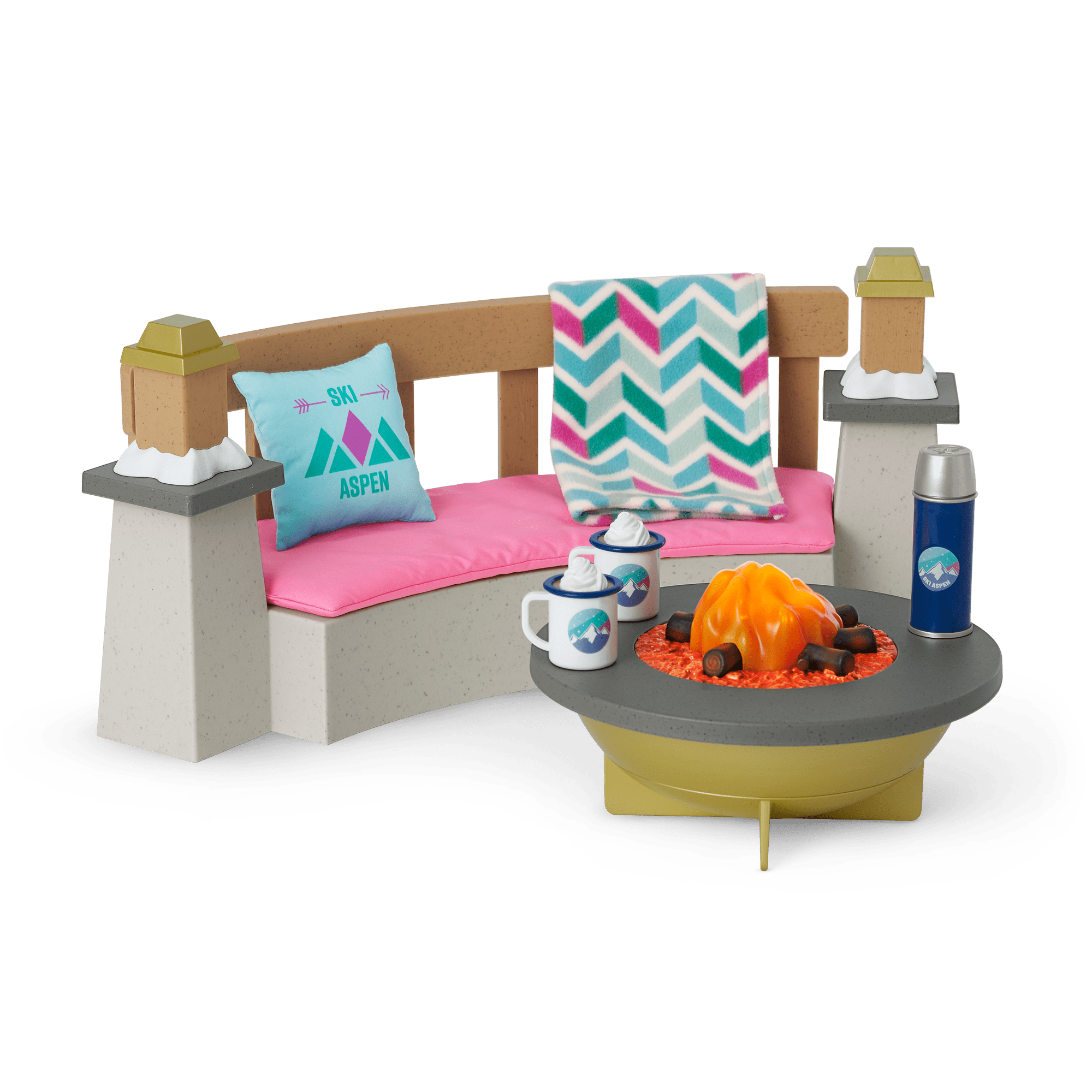 LED Faux Fire Pit with Bench & Accessories | Corinne’s Ski Lodge