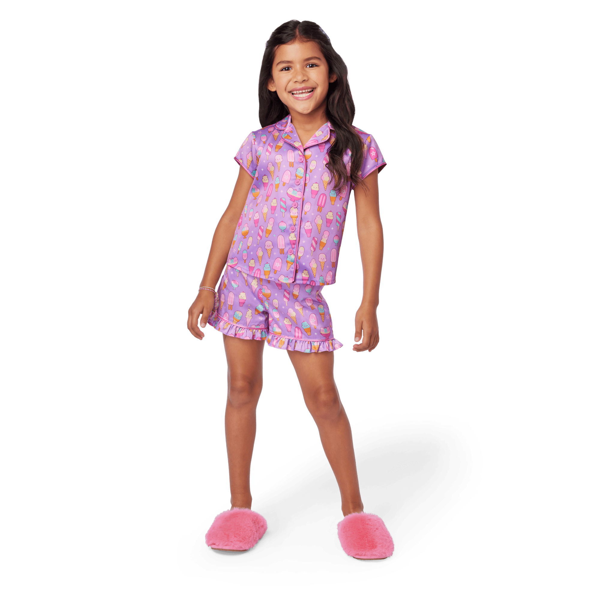 Girls' Satin Pajama Set with Ice Cream Print | Sweet Dreams PJs