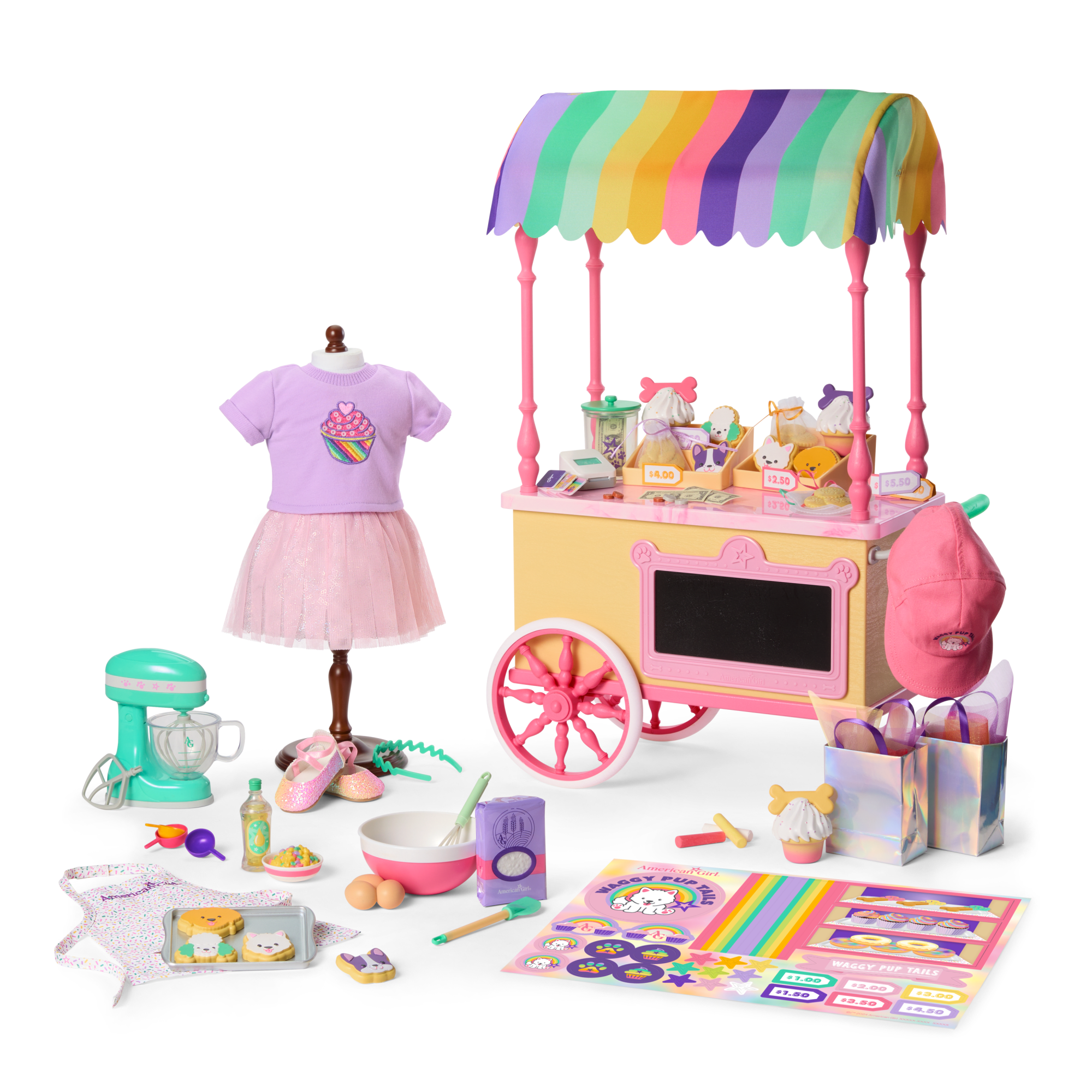 18-Inch Doll Treat Cart with Rainbow Awning & 54-Piece Playset | Summer’s™