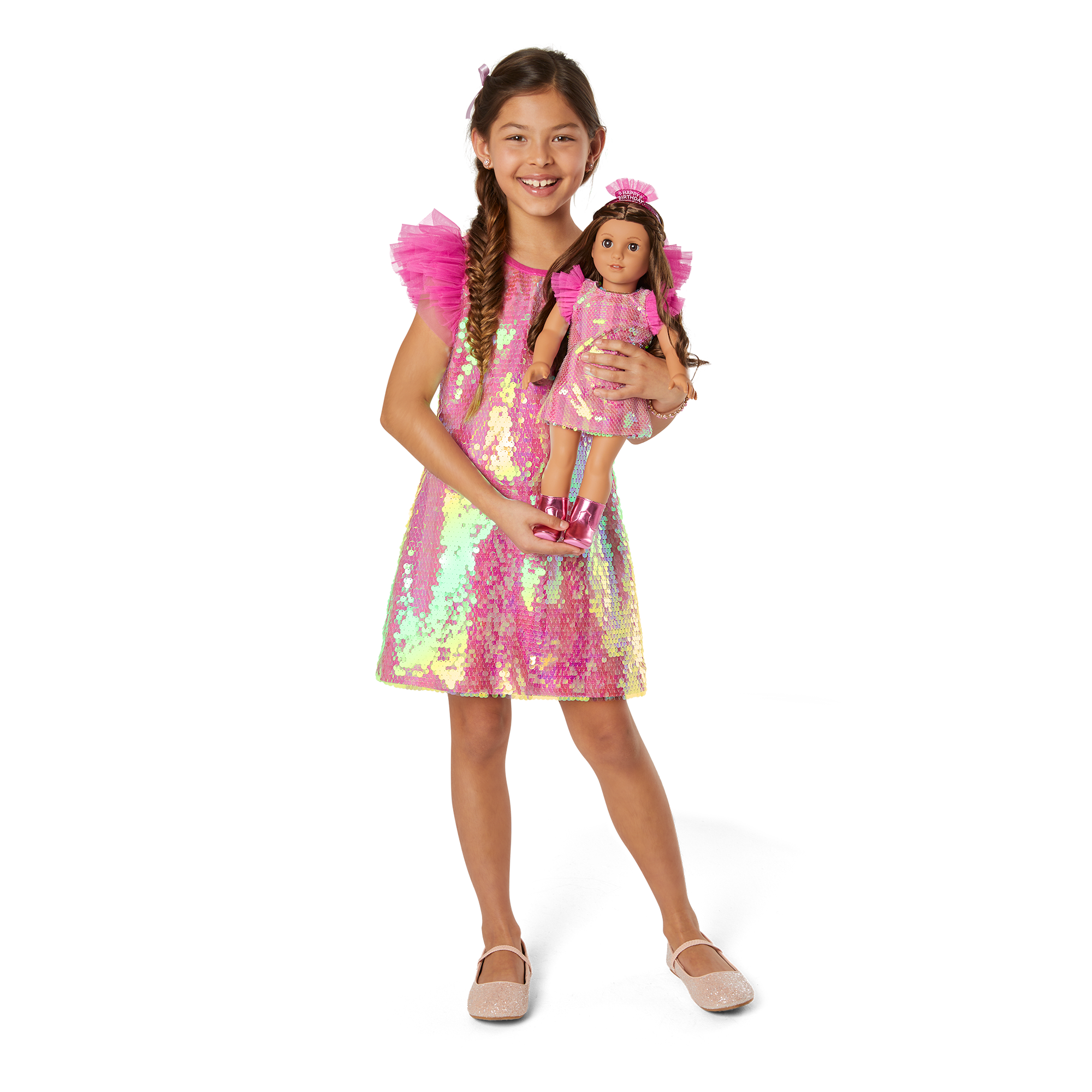 Girls' Birthday Dress with Matching Doll Outfit | Shimmery Pink Party Set