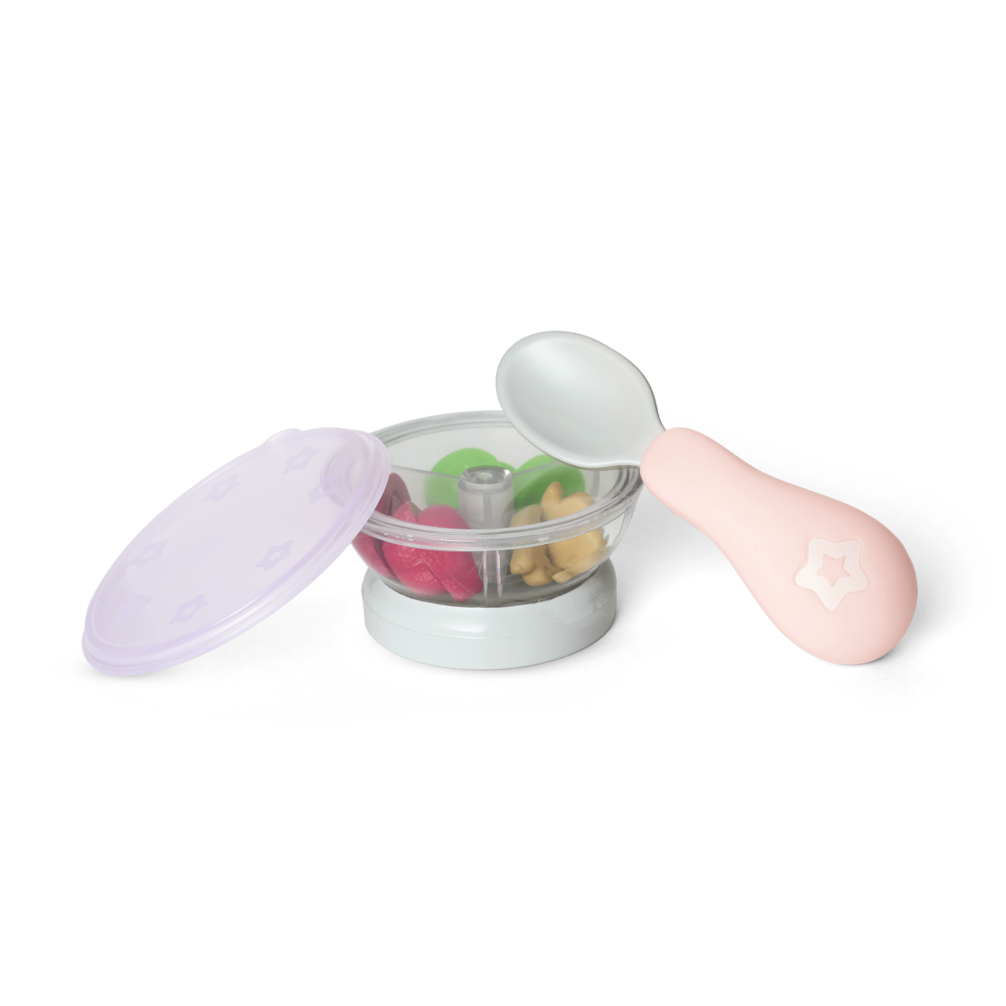 Baby Snack Cup with Spoon & Faux Fruit for Bitty Dolls | Pink Handle