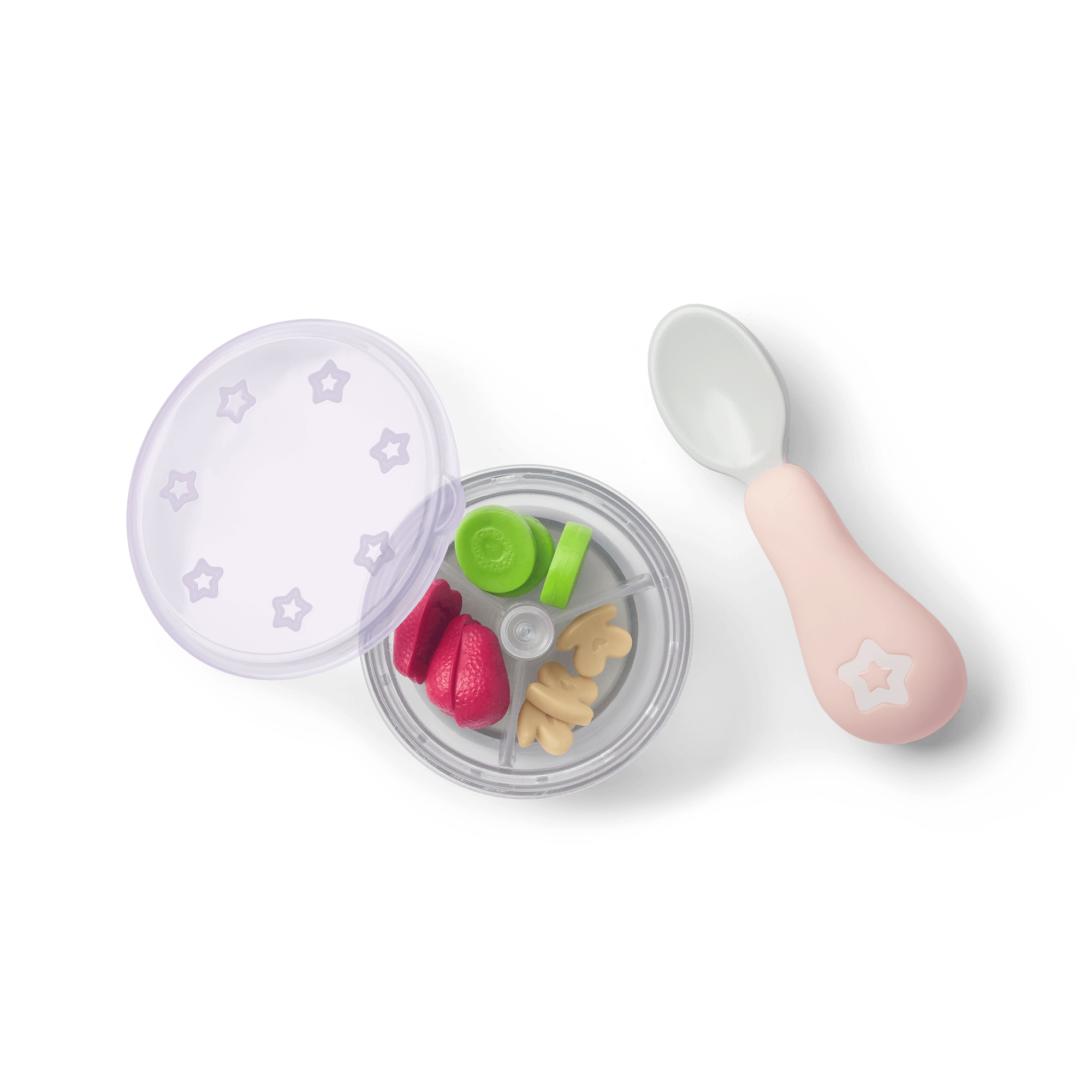 Baby Snack Cup with Spoon & Faux Fruit for Bitty Dolls | Pink Handle