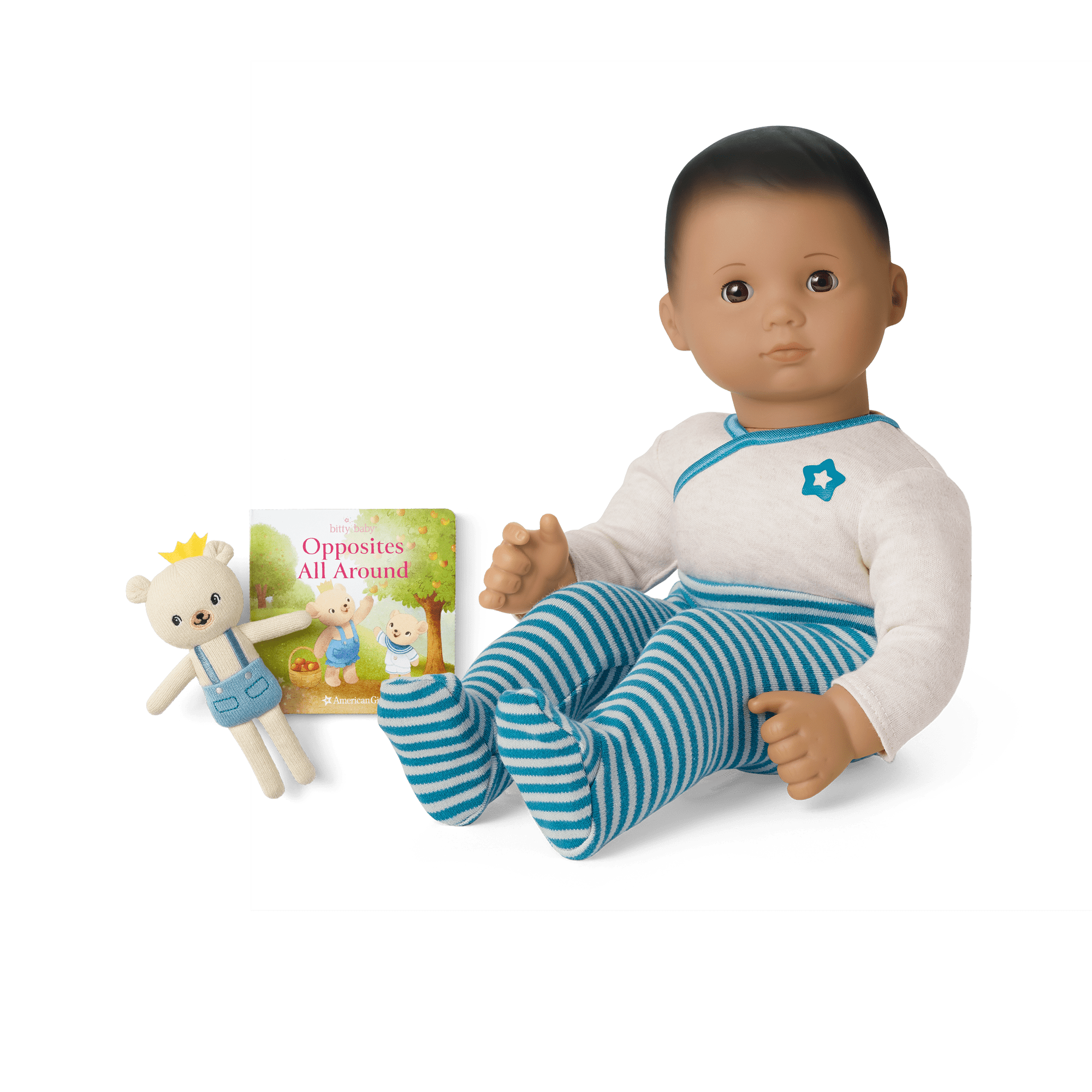 Bitty Baby Doll with Bear & Book | Soft Blue Outfit & Tan Skin