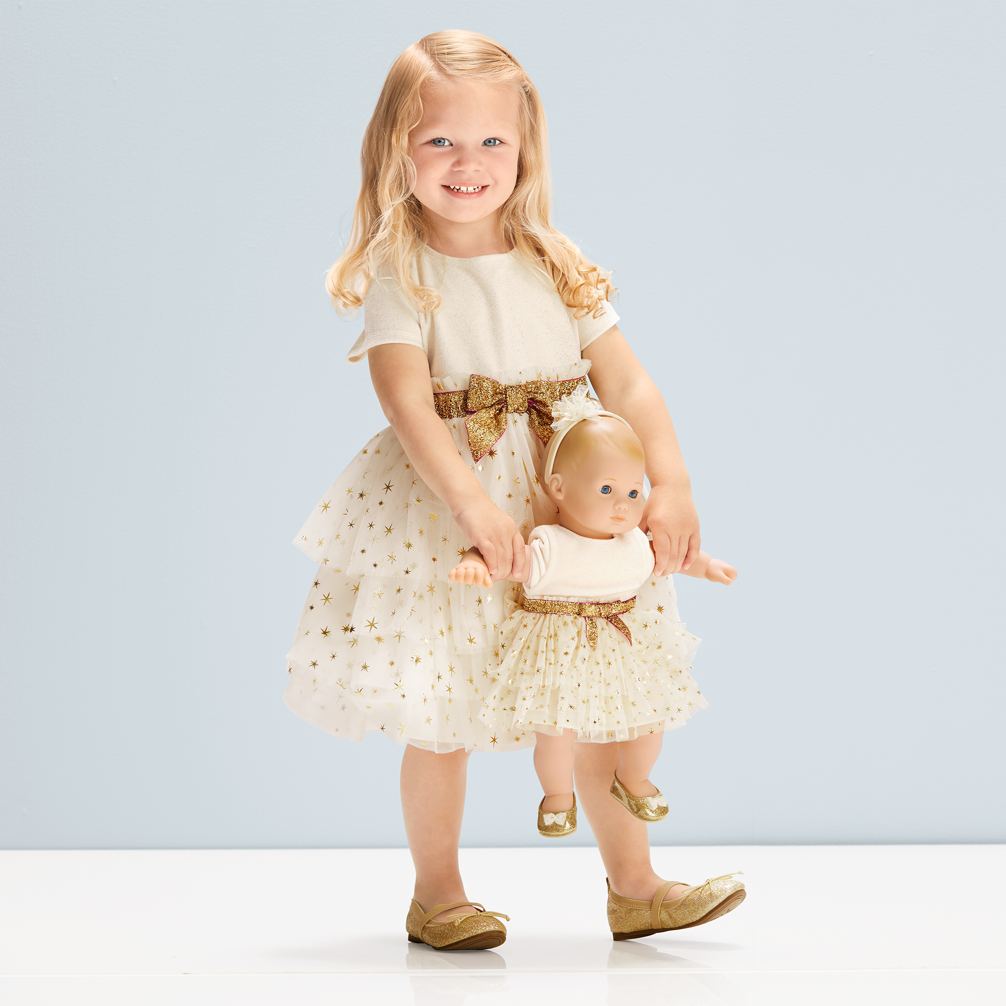 Golden Twinkle Dress for Girls & Dolls | Sparkly Holiday Set