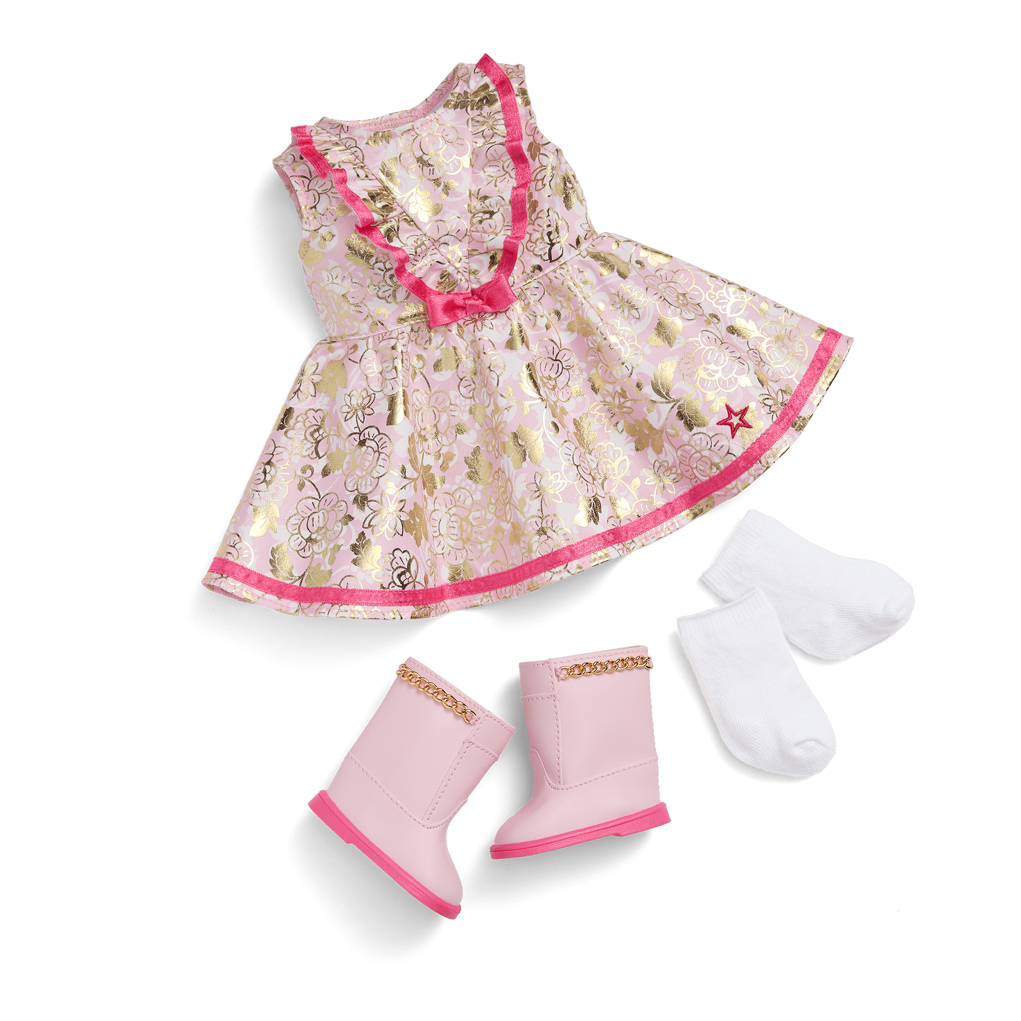 Floral Fashion Dress & Boots for 18-inch Dolls | Ivory Satin & Pink Accents