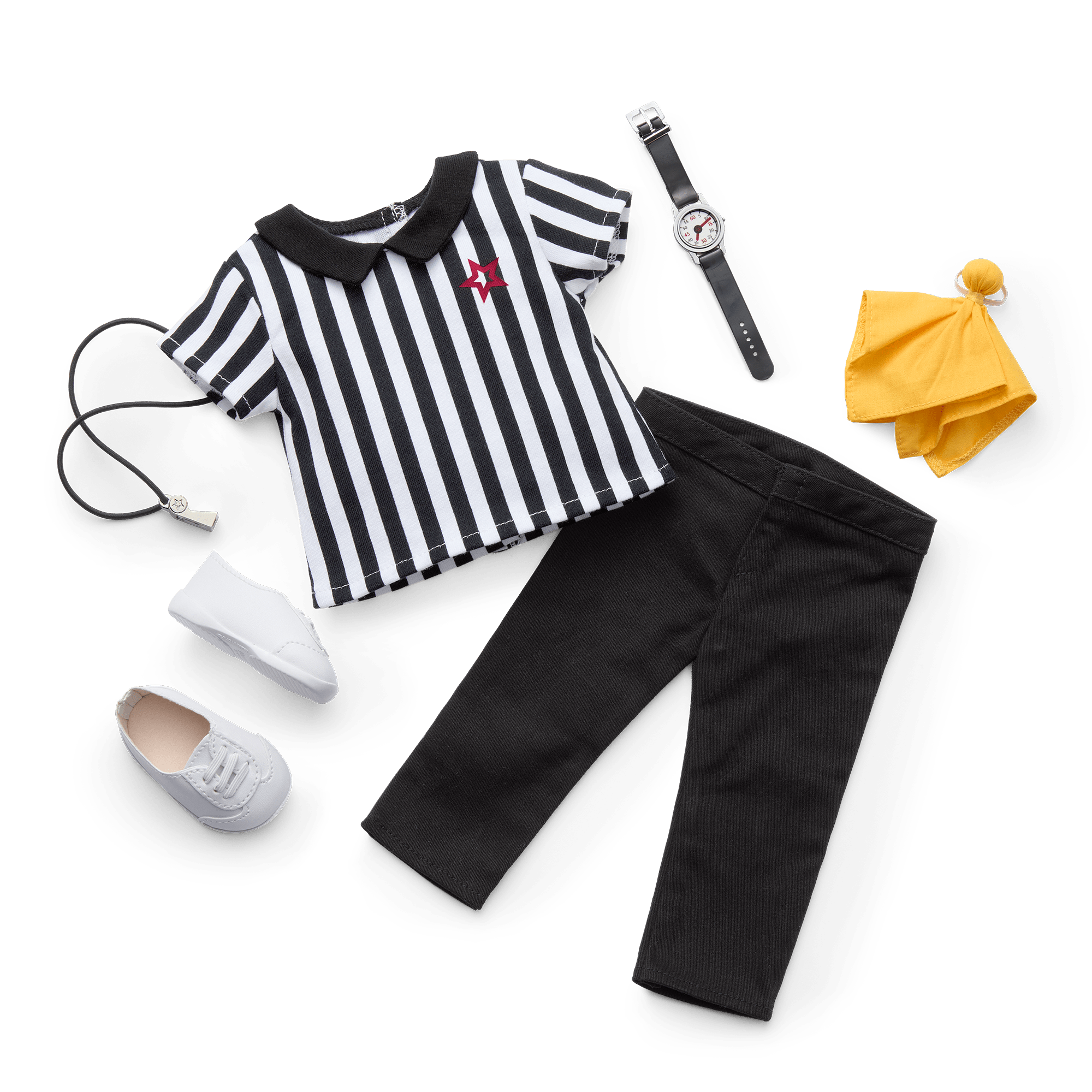 18-Inch Doll Referee Outfit with Whistle & Flag | Classic Black & White Stripes