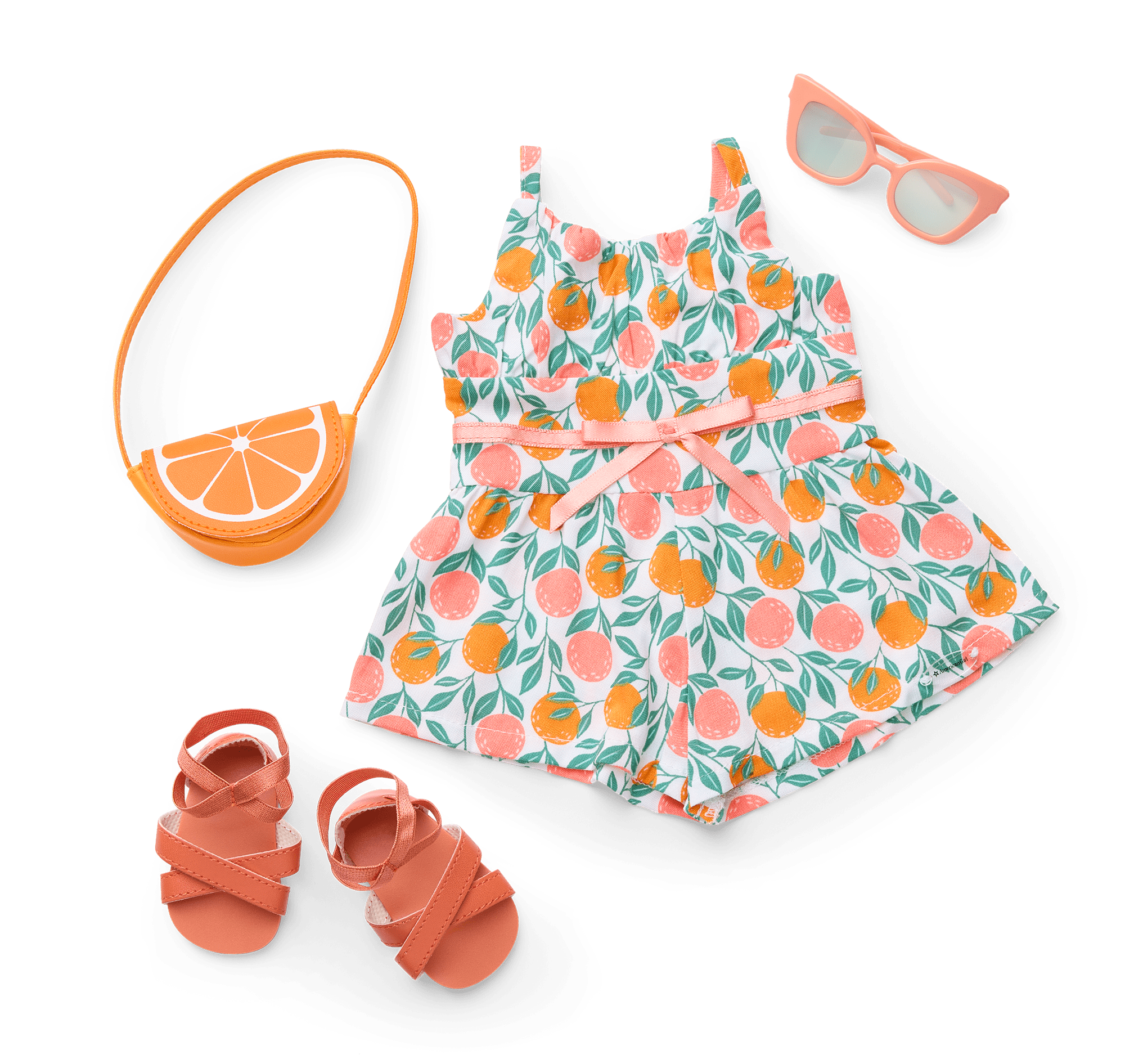Summer Citrus Romper Outfit for 18-inch Dolls | Tangerine Slice Purse & Sandals