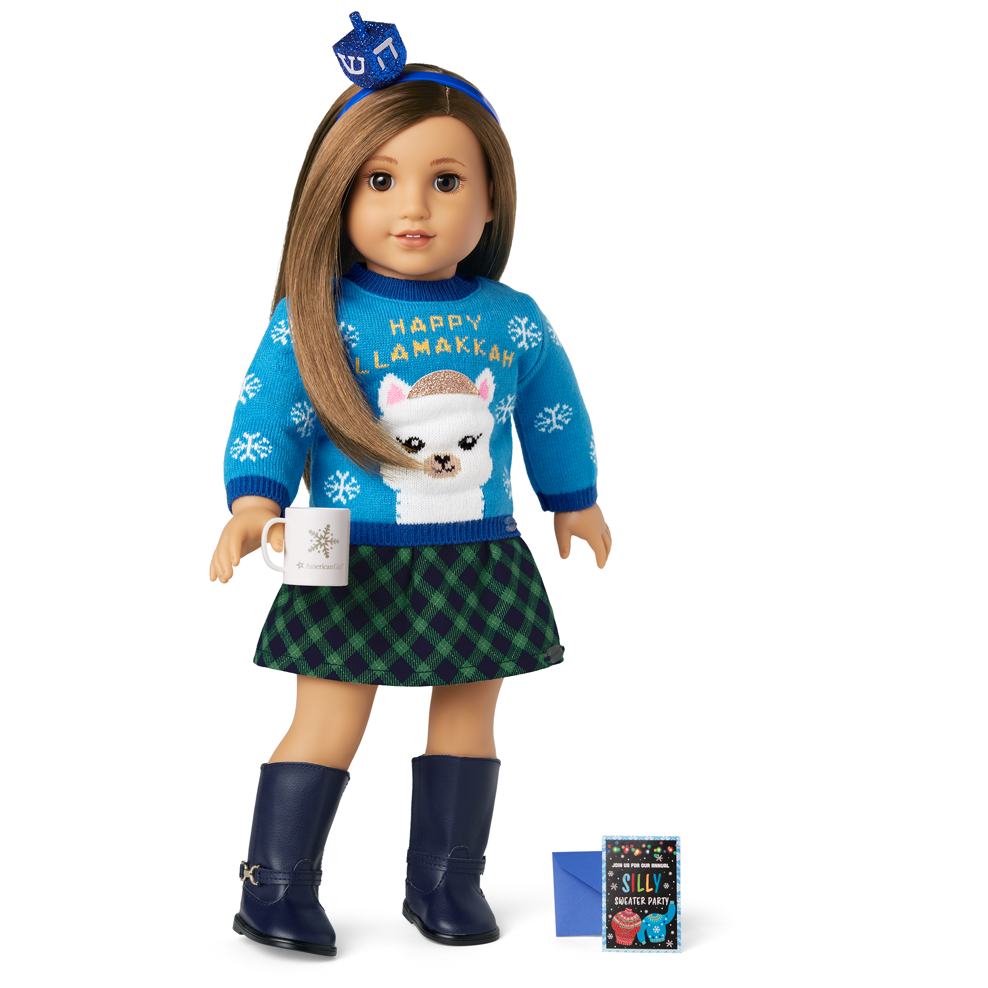 Happy Llamakkah Sweater for 18-inch Dolls | Blue Knit with Glitter Dreidel