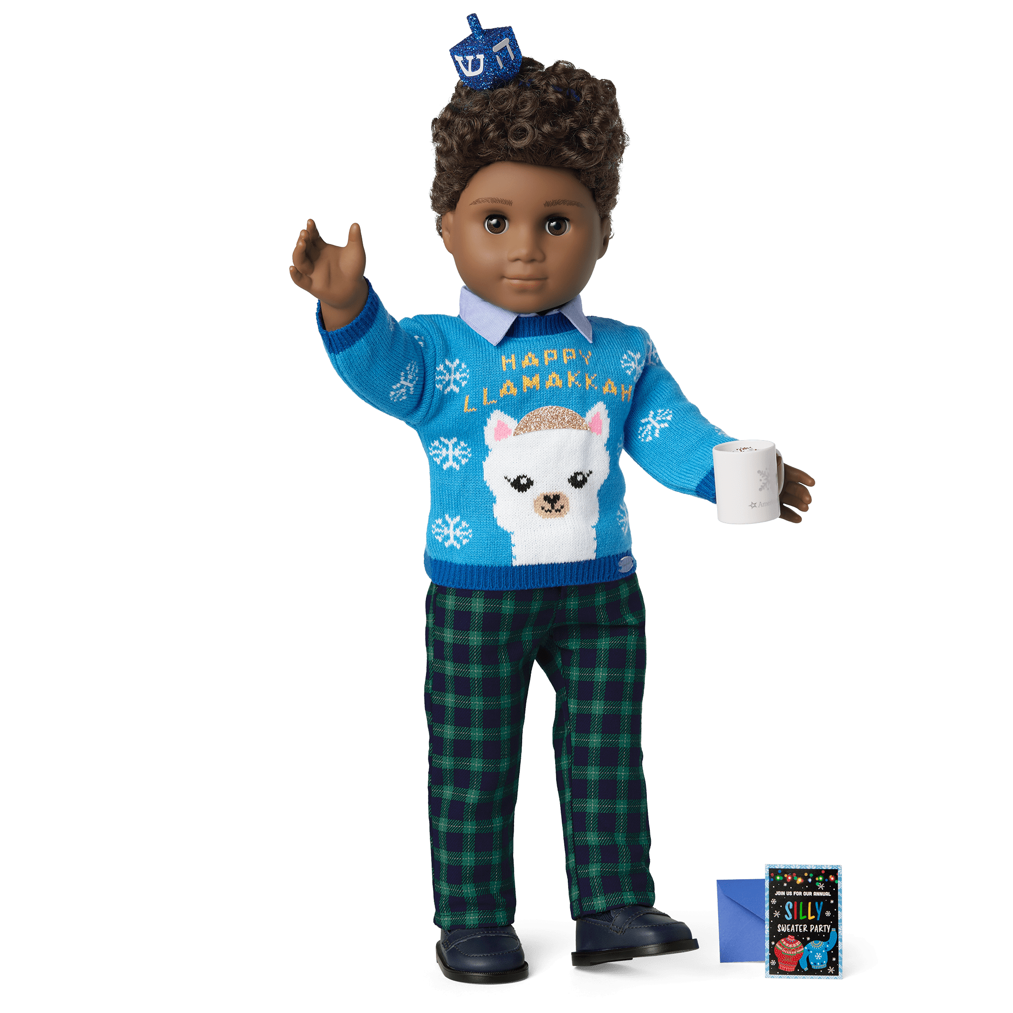 Happy Llamakkah Sweater for 18-inch Dolls | Blue Knit with Glitter Dreidel