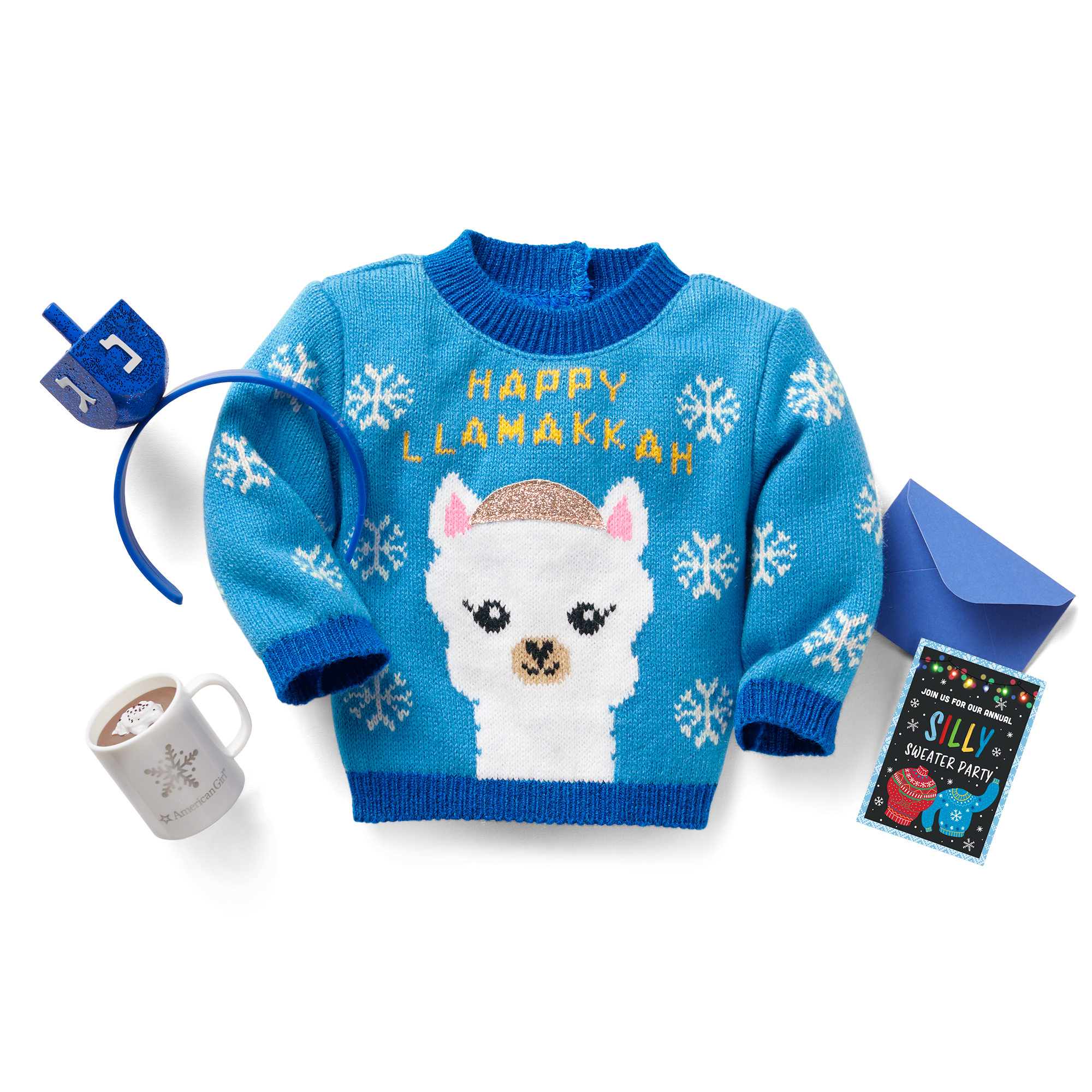 Happy Llamakkah Sweater for 18-inch Dolls | Blue Knit with Glitter Dreidel