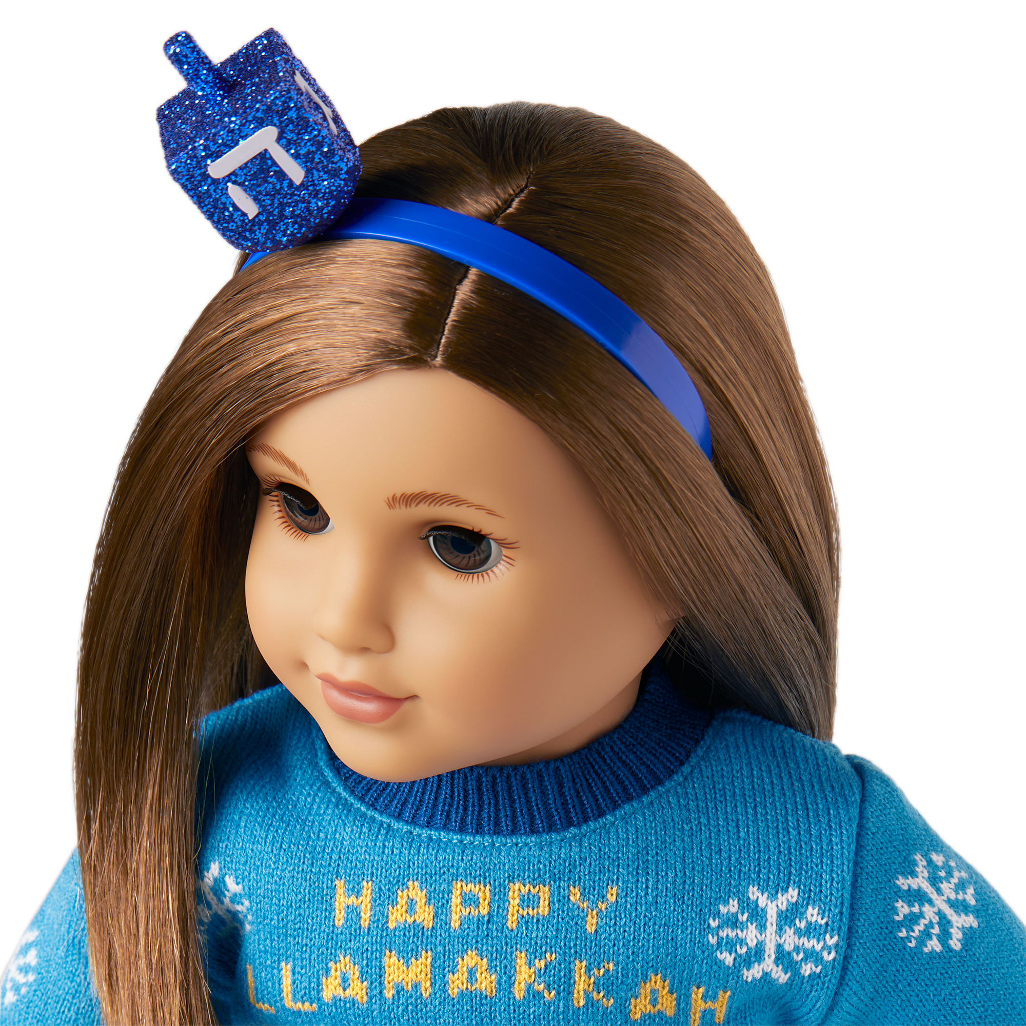 Happy Llamakkah Sweater for 18-inch Dolls | Blue Knit with Glitter Dreidel
