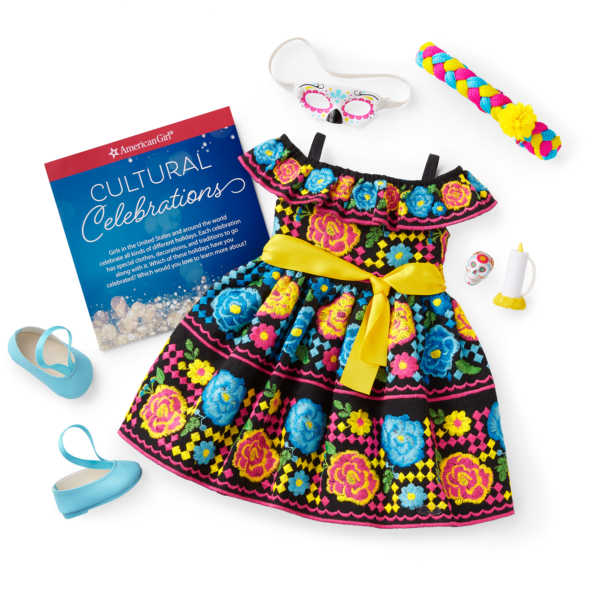 Day of the Dead Costume for 18-inch Dolls | Embroidered Dress & Accessories