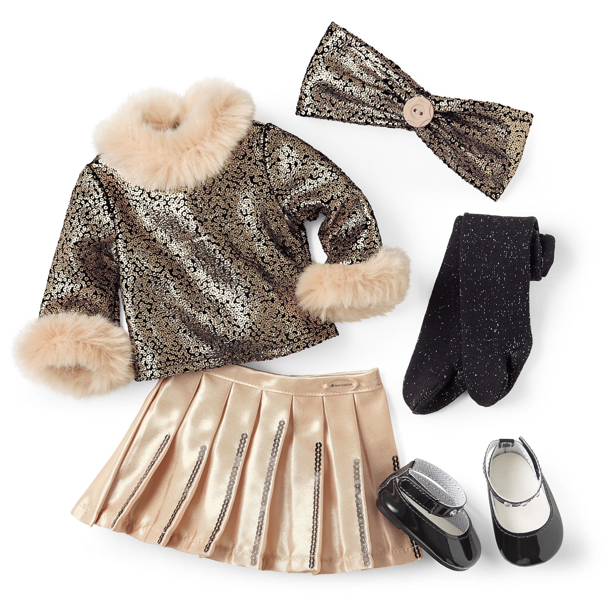 Sparkly 1920s Doll Outfit with Fur-Trim Top & Sequin Skirt | Samantha Black