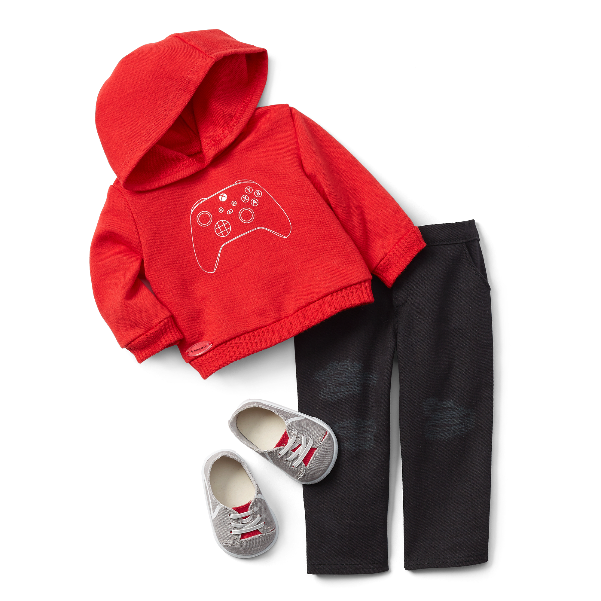 Gaming Outfit for 18-inch Dolls | Red Hoodie & Black Jeans Set