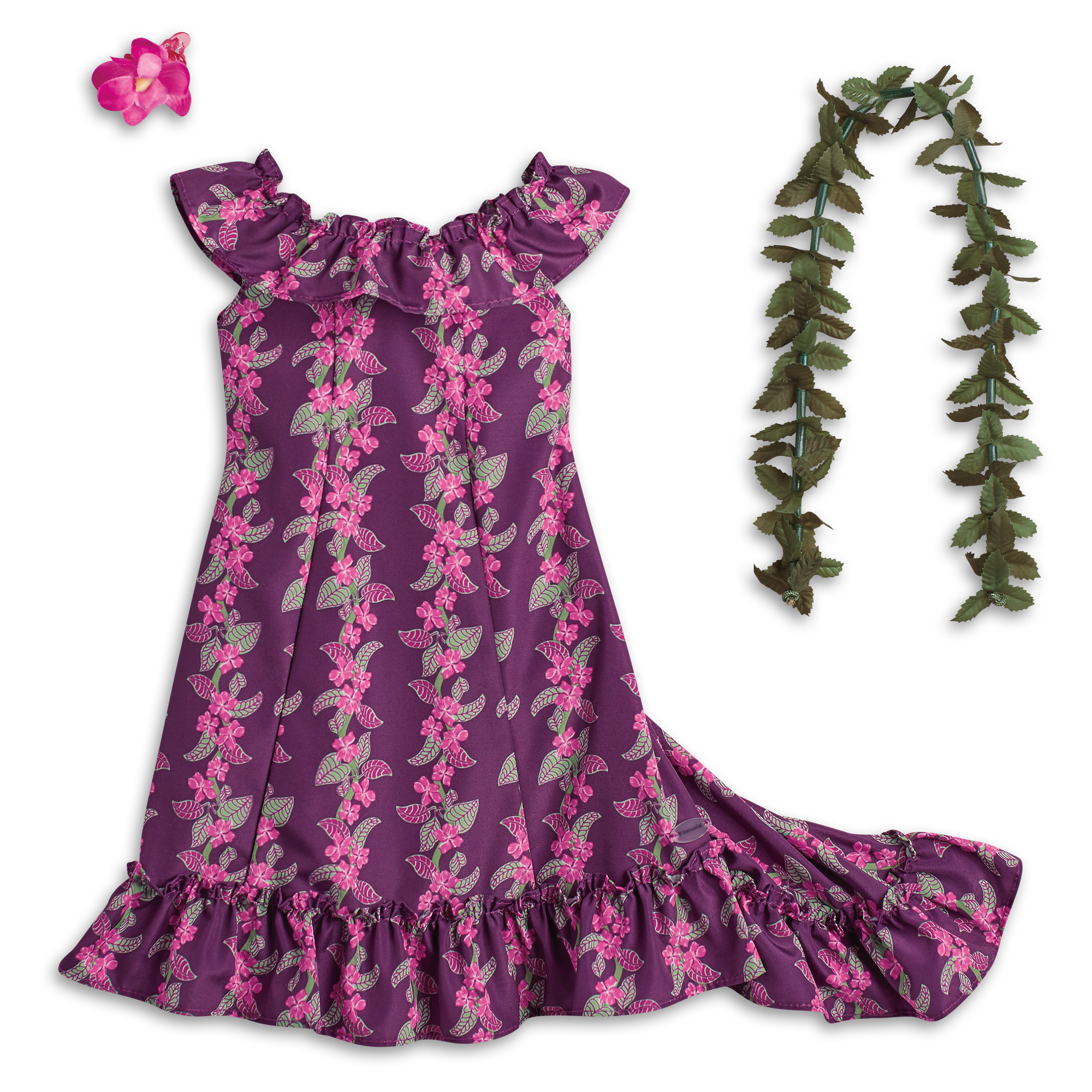 18-inch Doll Holoku Dress with Lei & Hair Clip | Nanea's Historical Costume