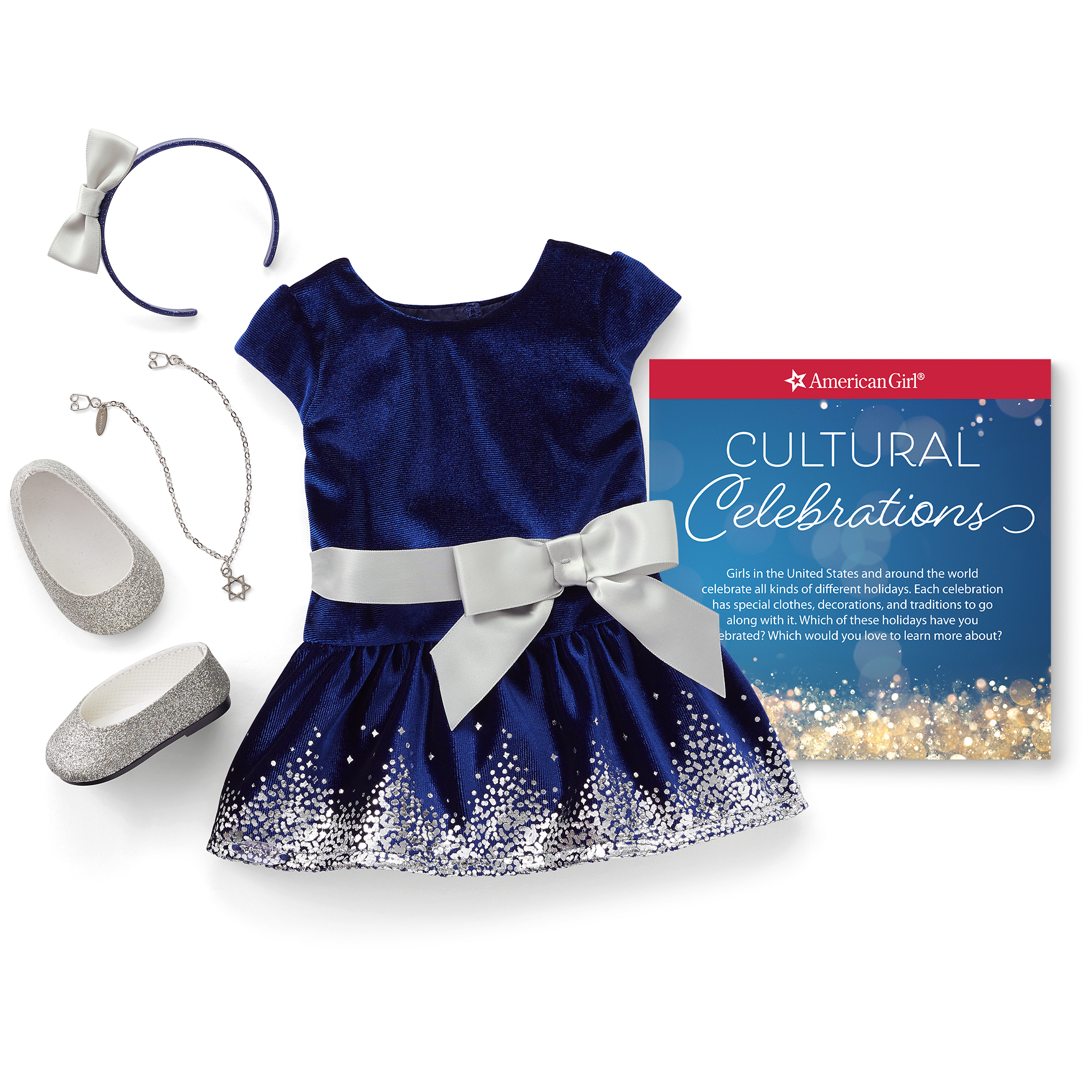 Hanukkah Doll Outfit for 18-inch Dolls | Velvet Dress & Star of David Necklace