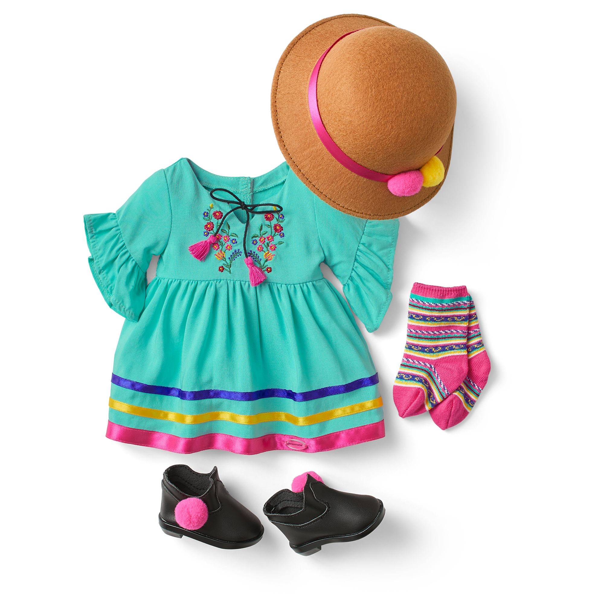 Peruvian-Inspired Turquoise Dress & Hat Set with Floral Embroidery