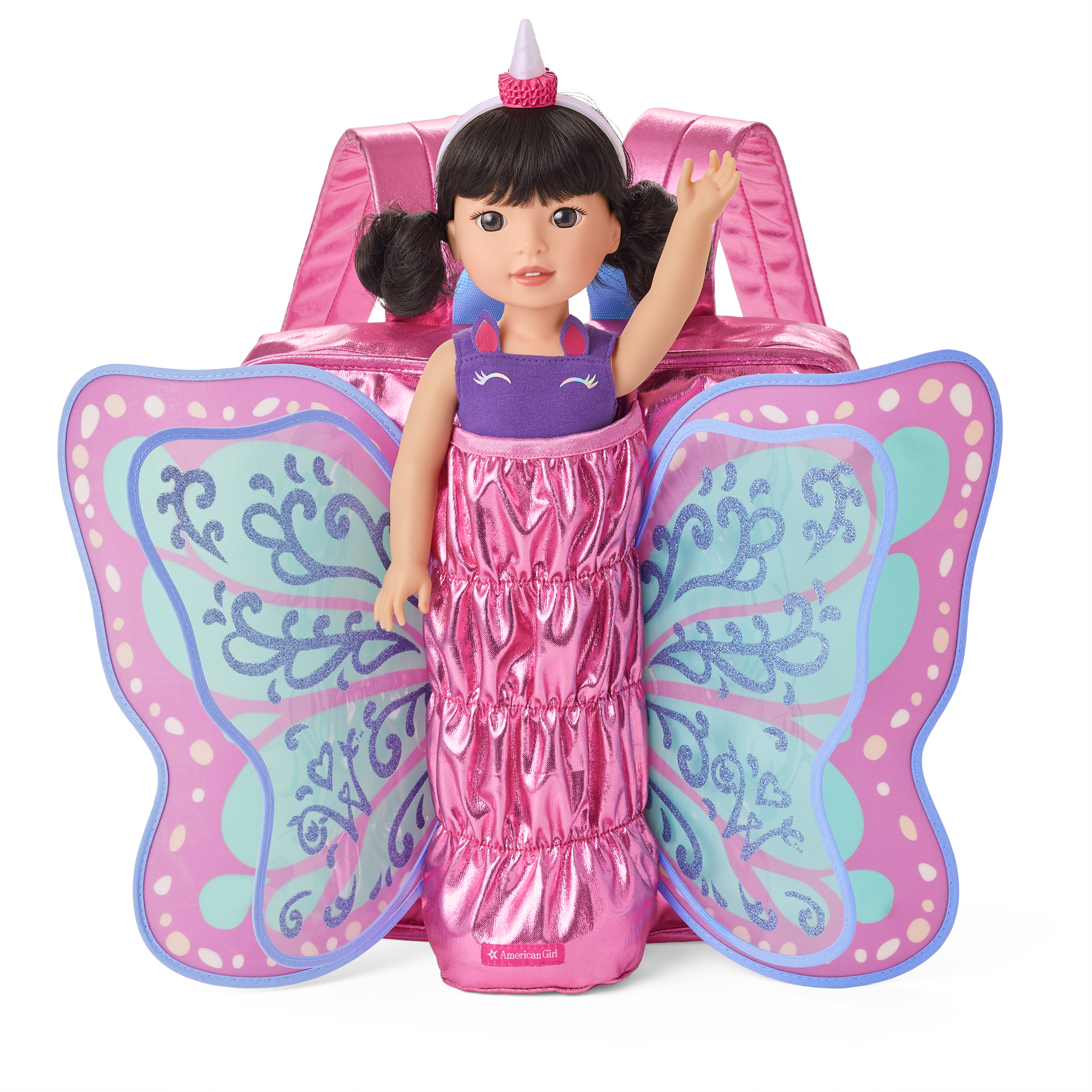Pink Doll Backpack with Glitter Wings for WellieWishers | Adjustable Straps