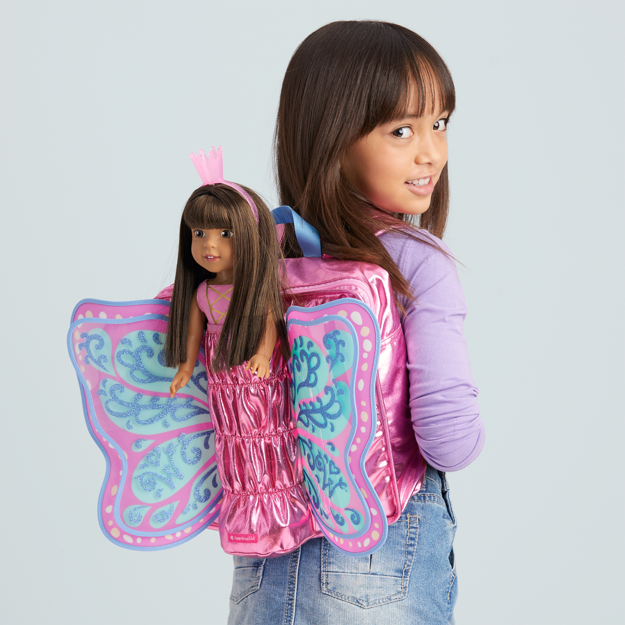Pink Doll Backpack with Glitter Wings for WellieWishers | Adjustable Straps