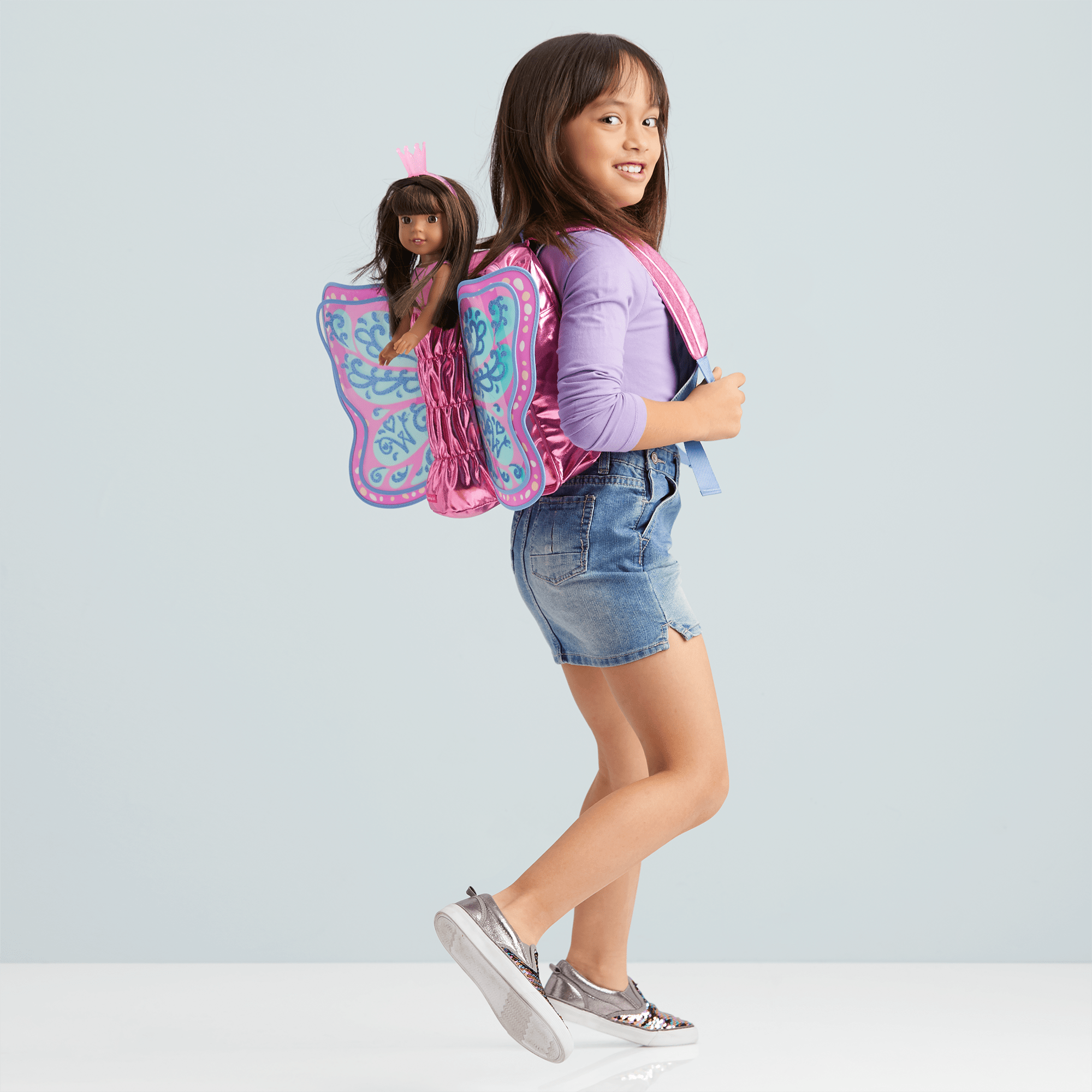 Pink Doll Backpack with Glitter Wings for WellieWishers | Adjustable Straps