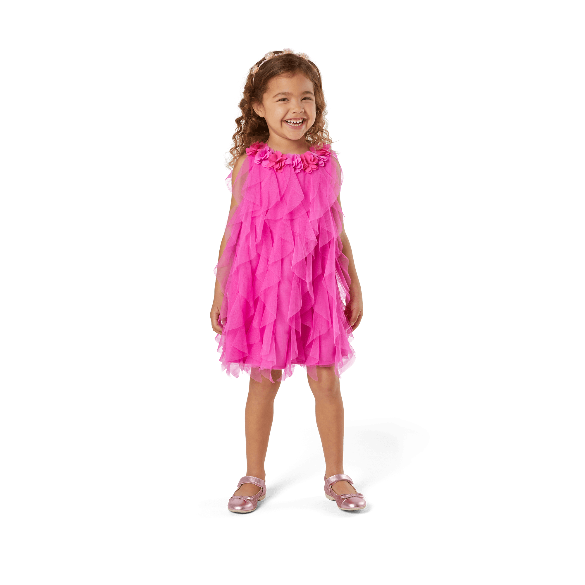 Pink Party Dress for Girls with Ruffles & Chiffon Flowers | Bitty Baby