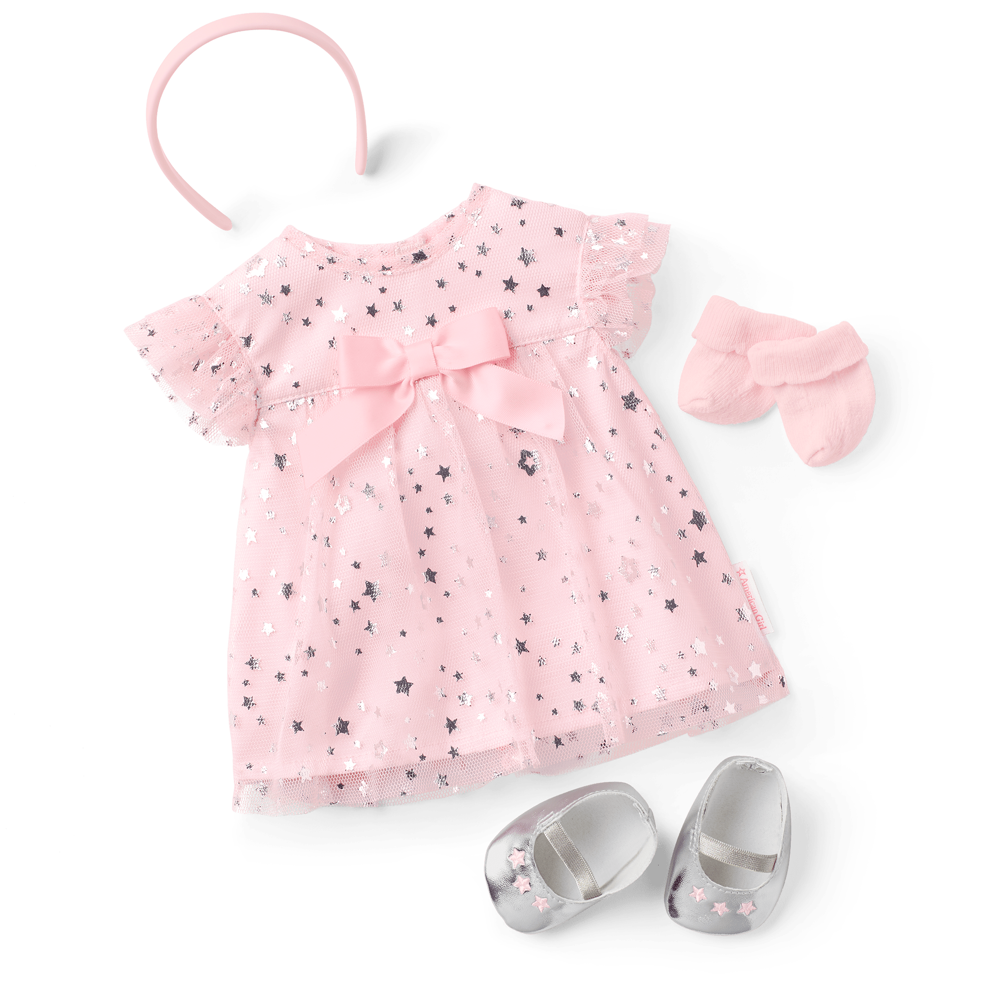 Pink Starry Dress Outfit for Bitty Baby Dolls | Headband & Ballet Flats
