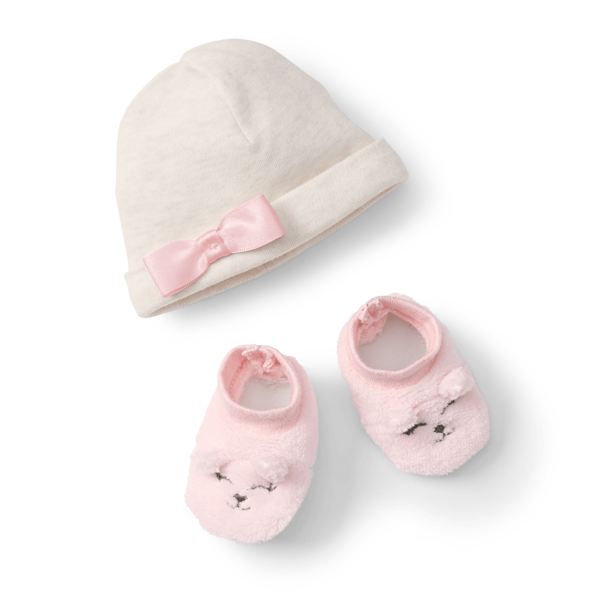 Pink Bow Beanie & Booties Set for Bitty Baby Dolls | Cream Interlock