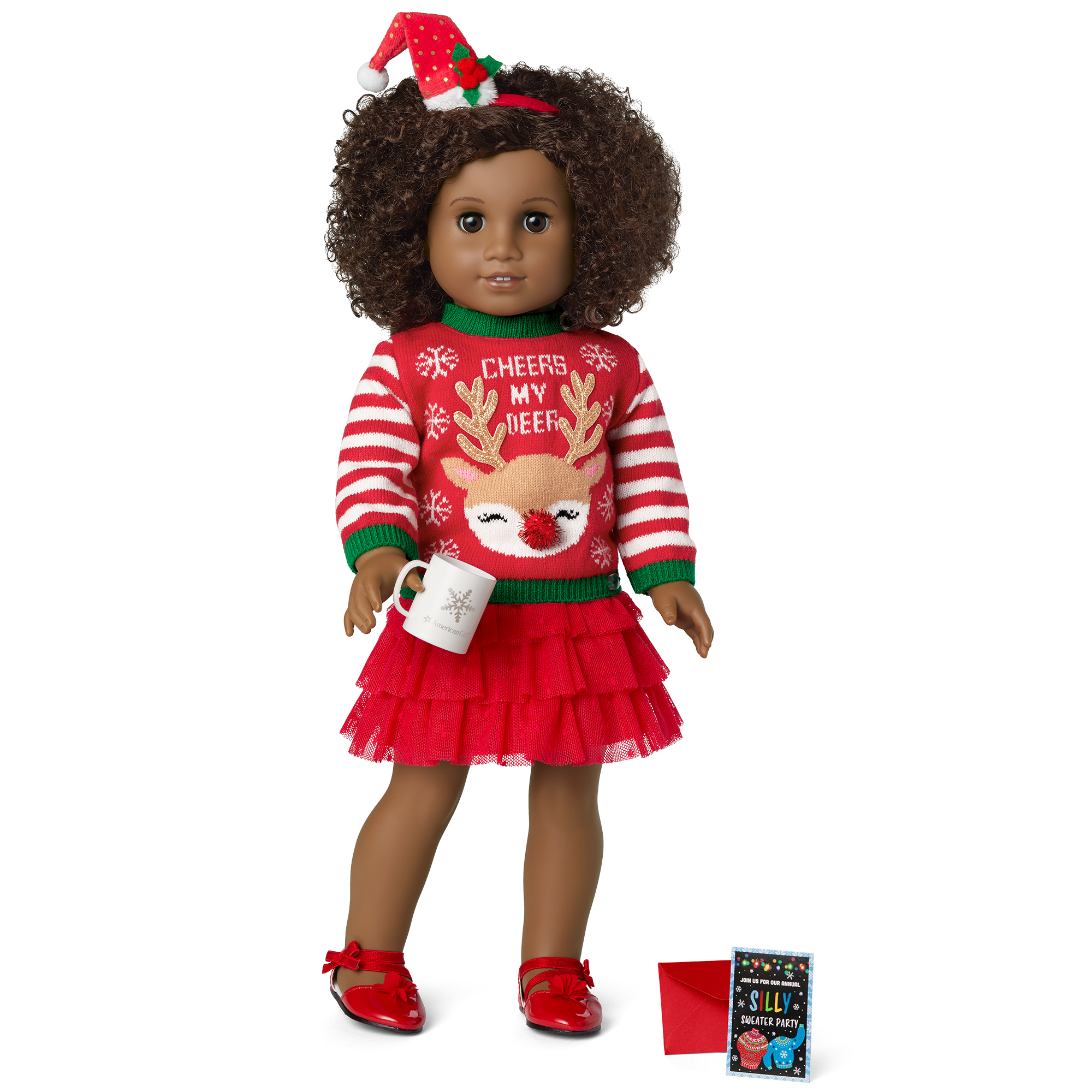 Festive Christmas Sweater for 18-inch Dolls with Santa Hat & Hot Cocoa Mug