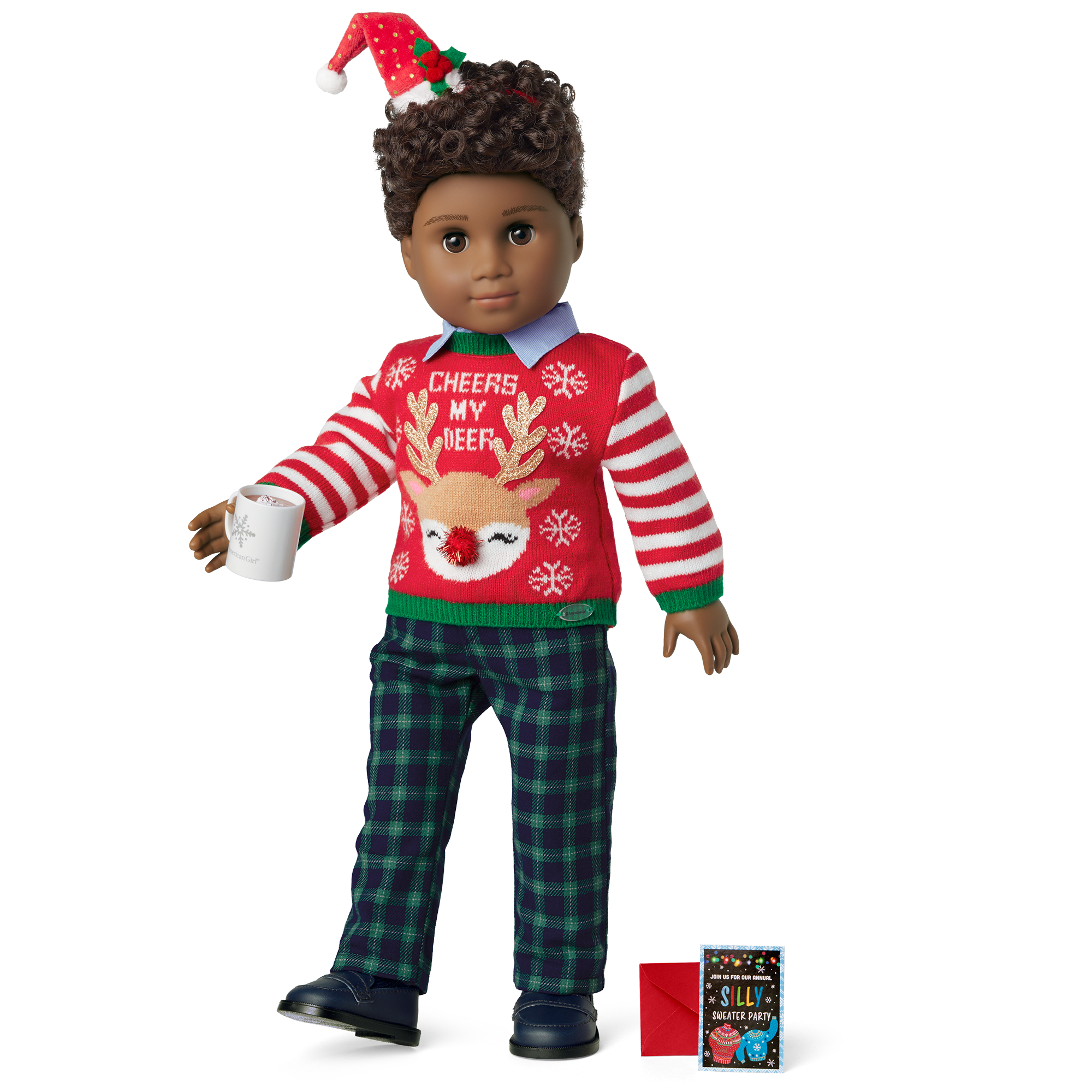 Festive Christmas Sweater for 18-inch Dolls with Santa Hat & Hot Cocoa Mug
