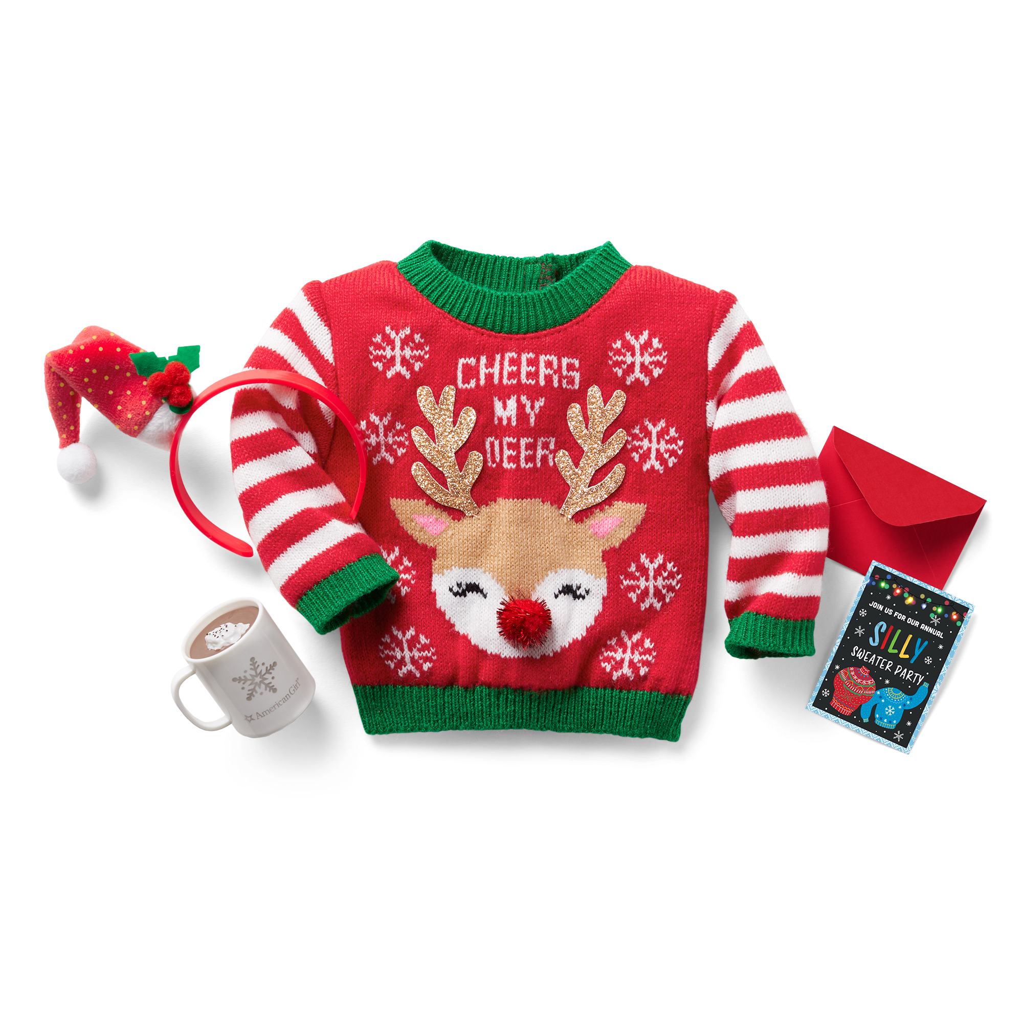 Festive Christmas Sweater for 18-inch Dolls with Santa Hat & Hot Cocoa Mug