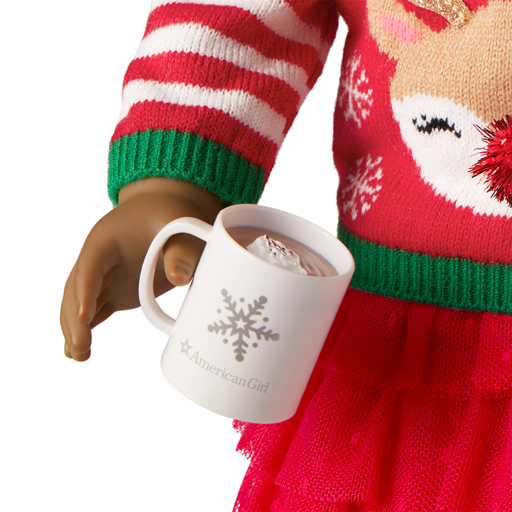 Festive Christmas Sweater for 18-inch Dolls with Santa Hat & Hot Cocoa Mug