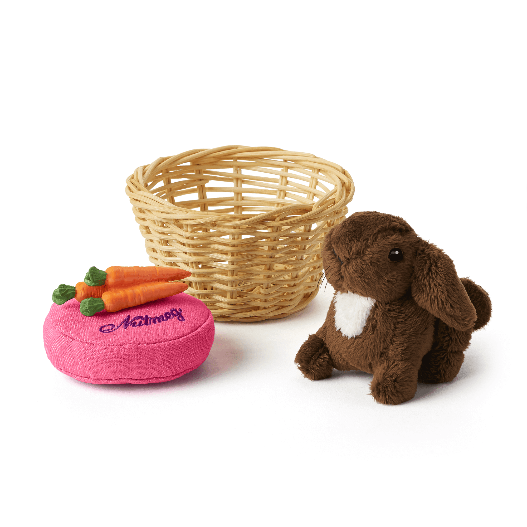 Soft Plush Bunny with Wicker Basket & Carrots | Julie's Nutmeg