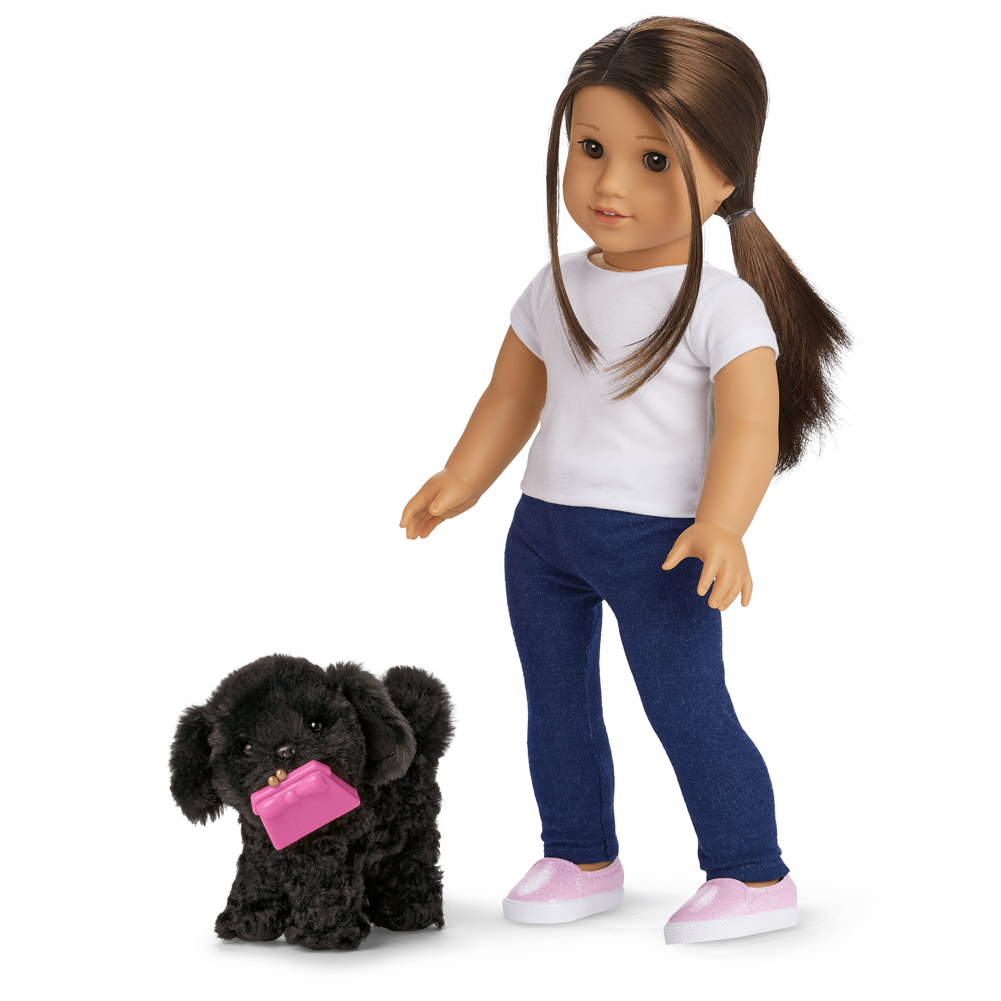 Posable Shi-Poo Dog Toy for 18-inch Dolls | Magnetic Mouth & Pet House