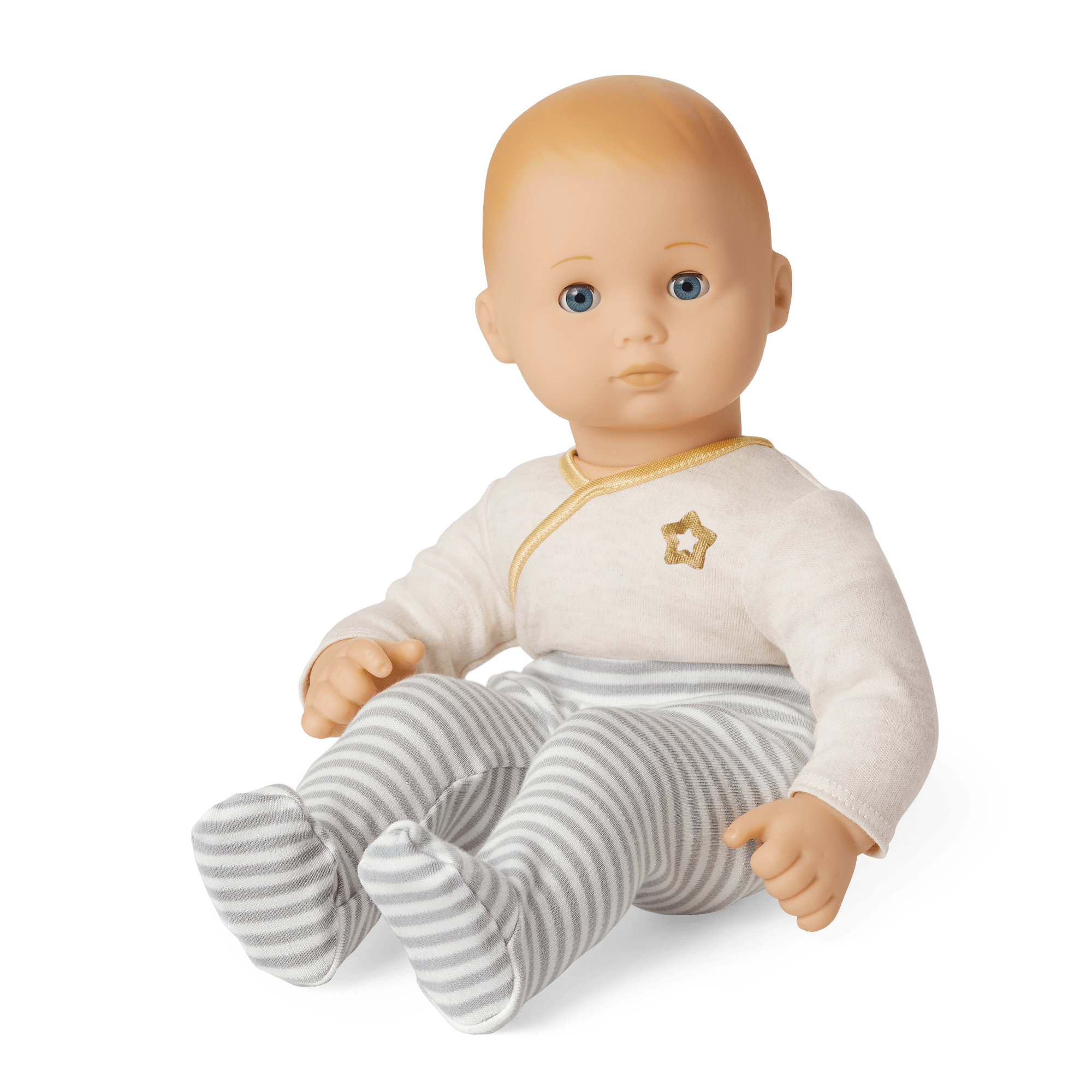 Blonde Bitty Baby Doll with Blue Eyes & Cloud Gray Outfit | 15" Cuddly Vinyl Doll