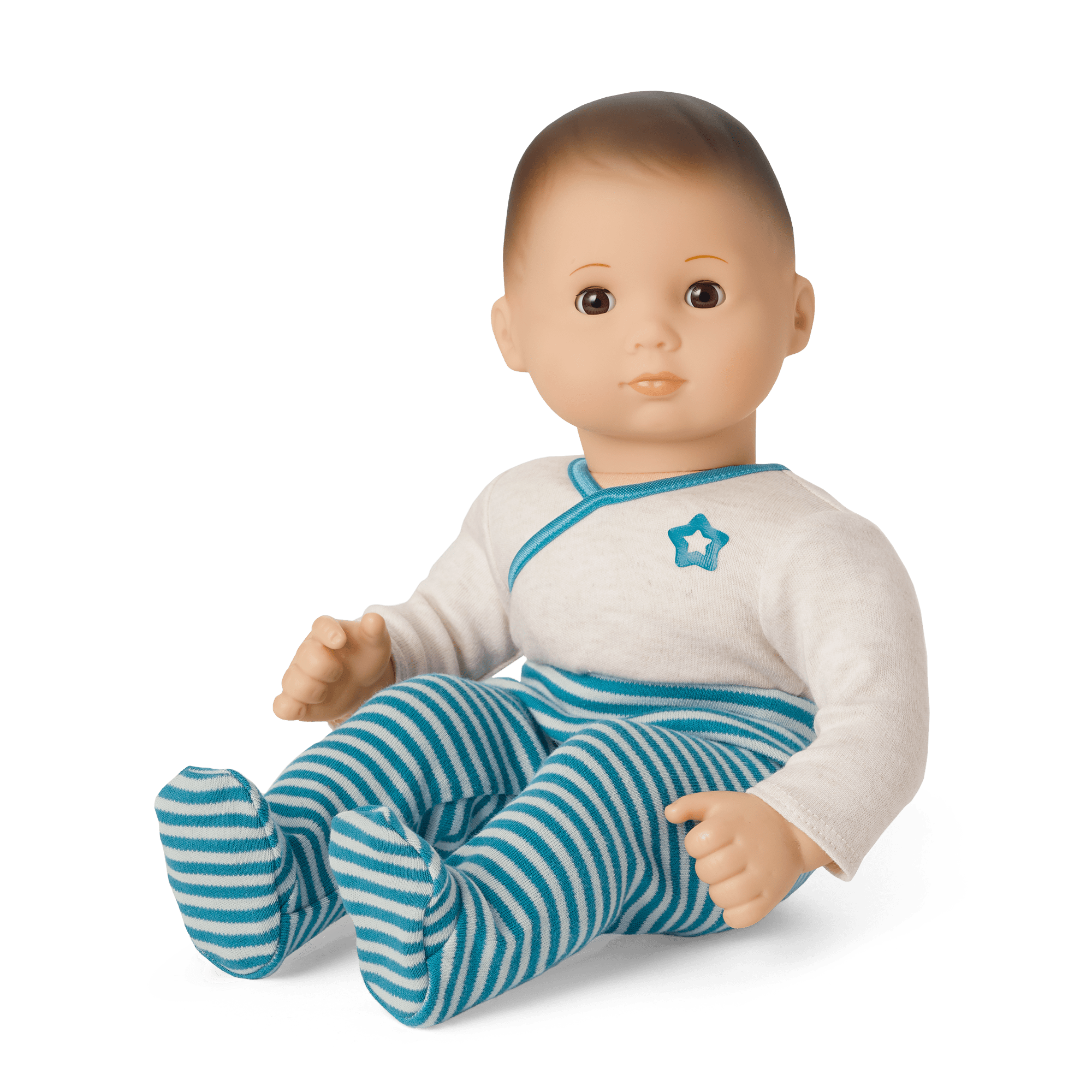 Bitty Baby Doll with Brown Hair & Blue Outfit | 15" Soft Vinyl Baby Doll