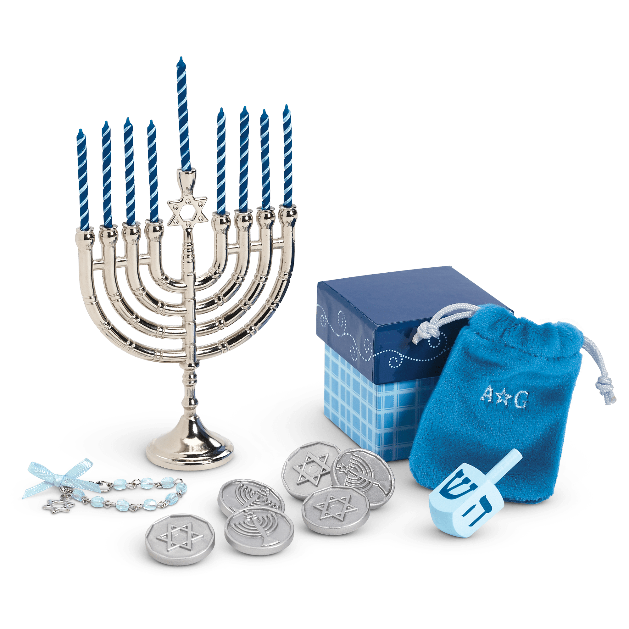 Doll Hanukkah Gift Set with Dreidel & Menorah | Jewish Holiday Toys