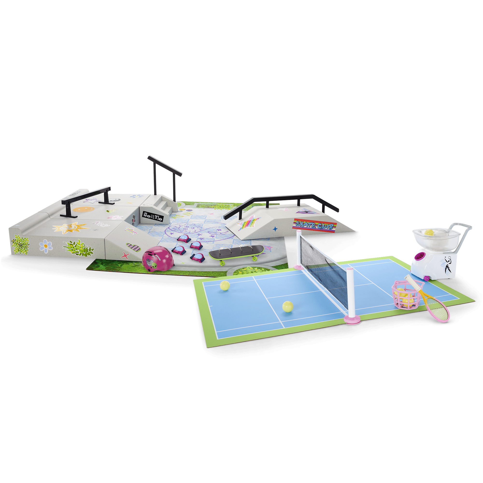 2-in-1 Tennis Court & Skate Park Playset for 18-inch Dolls | Isabel & Nicki
