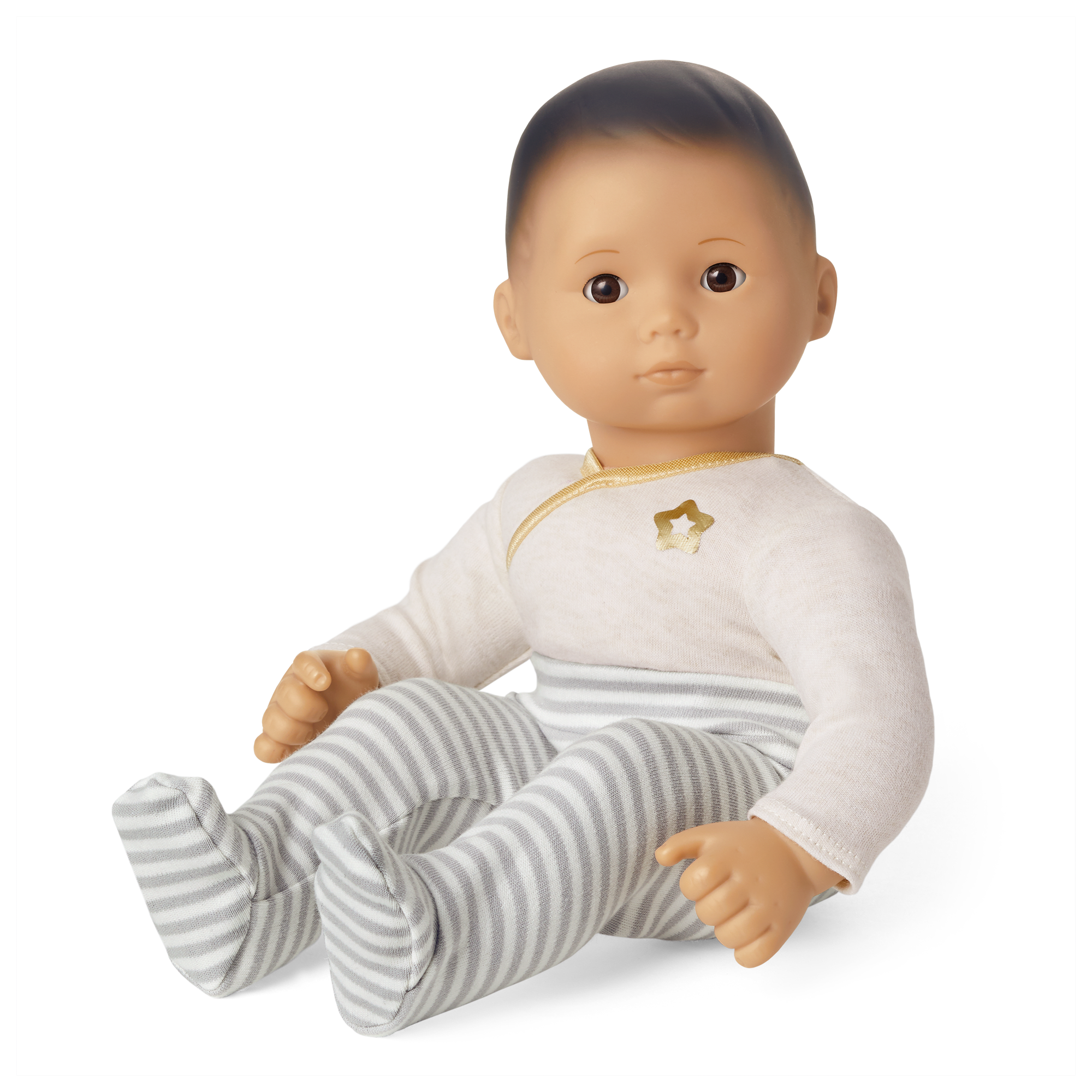 Bitty Baby Doll with Black Hair & Gray Outfit | 15" Cuddly First Baby Doll