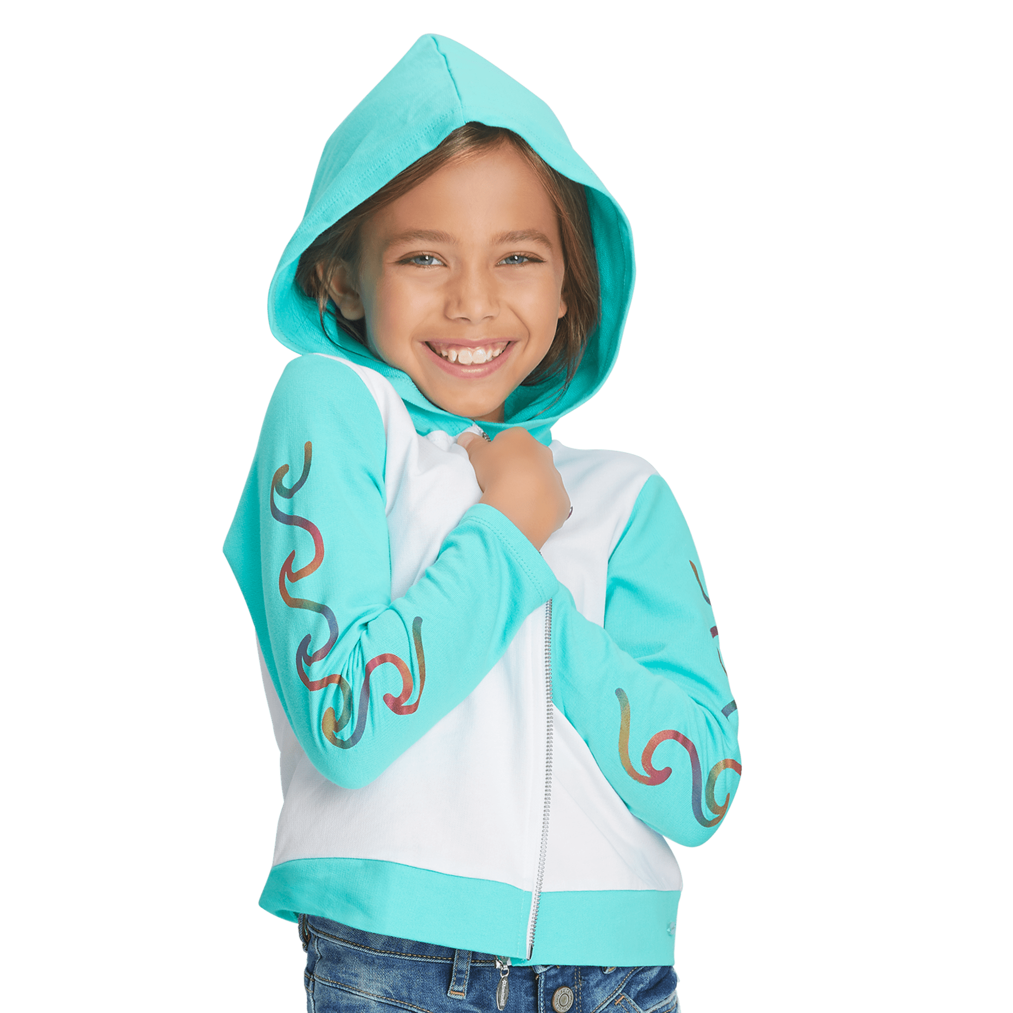 Girls' Wave Print Hoodie with Aqua Sleeves | Catch a Wave Top