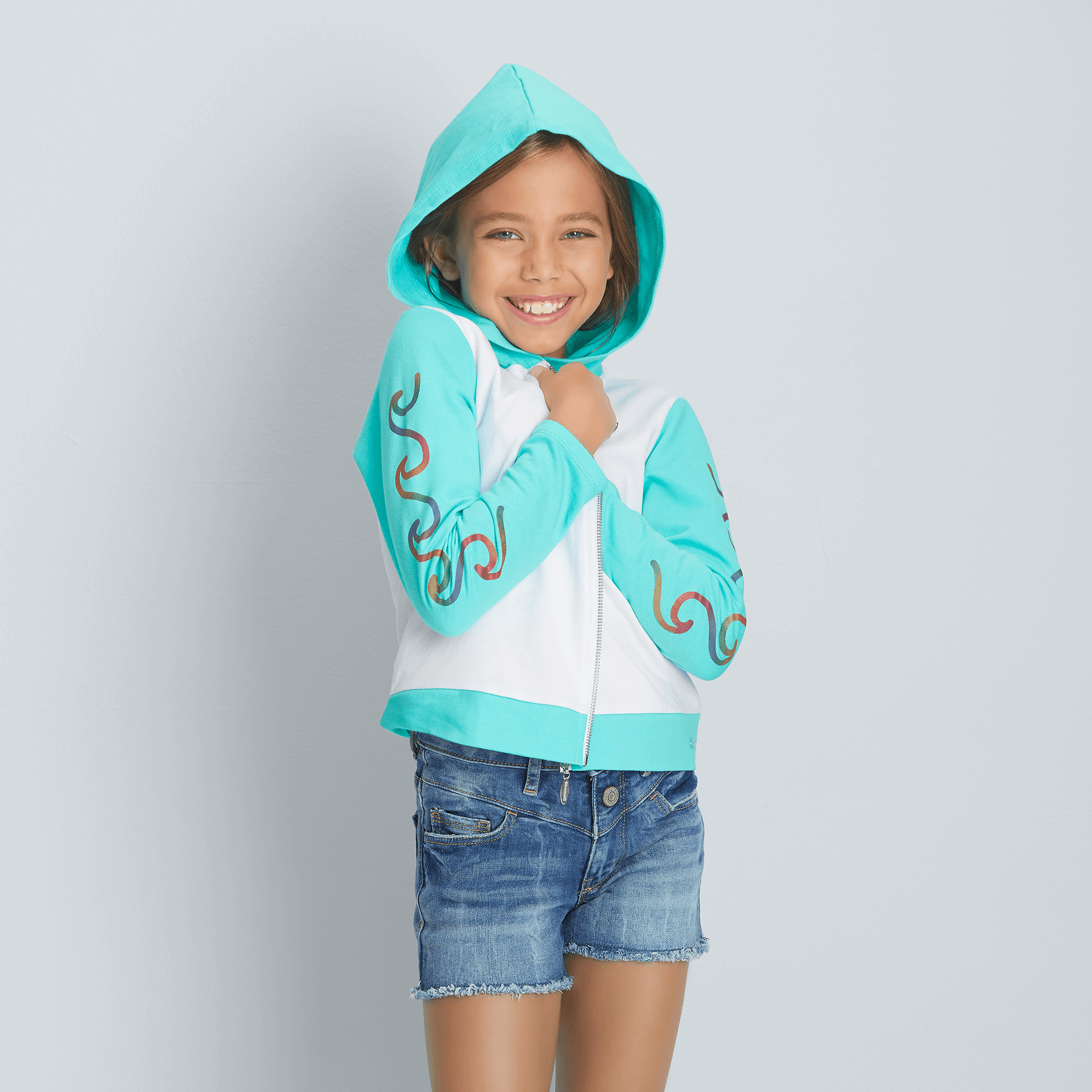Girls' Wave Print Hoodie with Aqua Sleeves | Catch a Wave Top