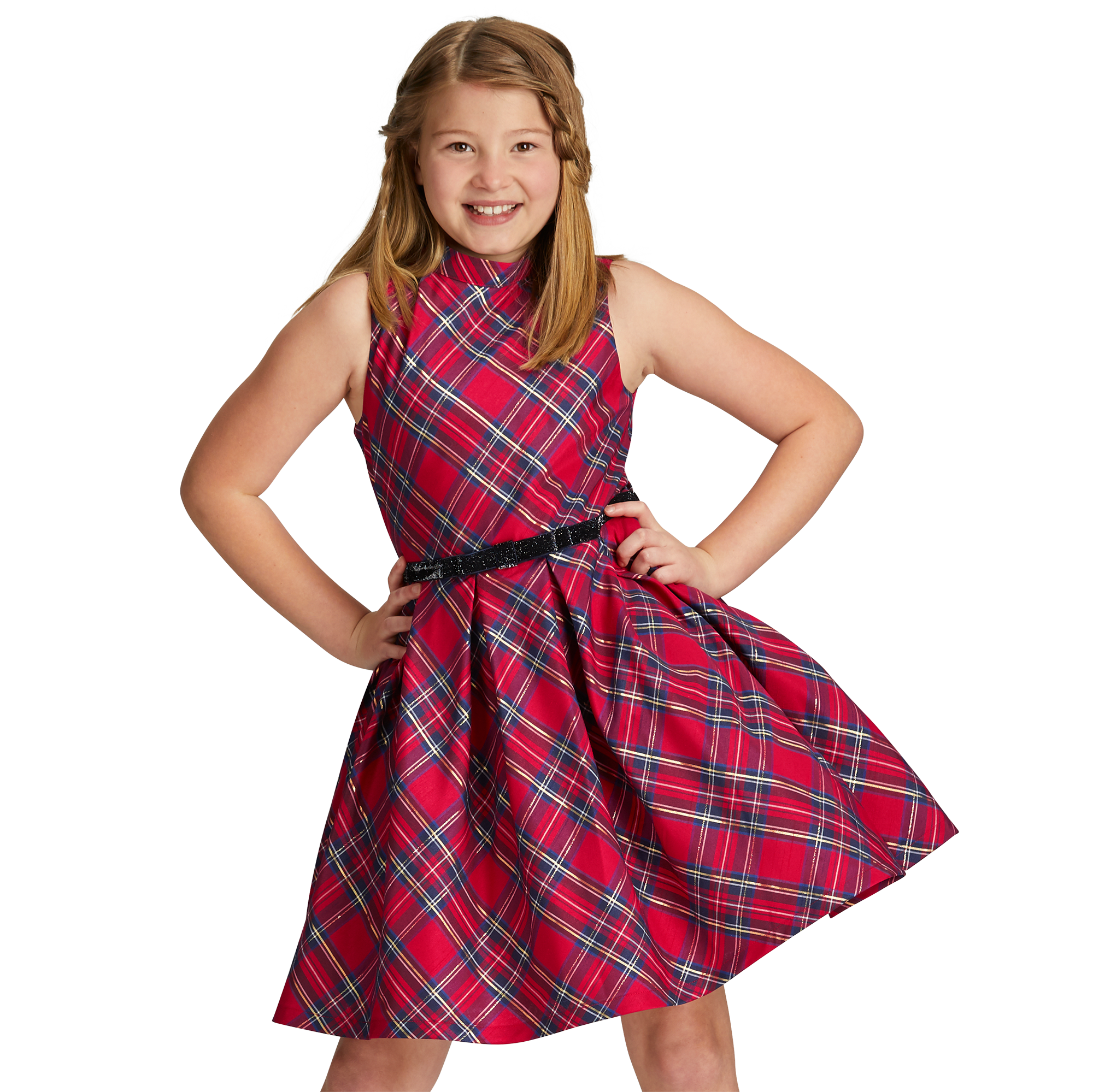 Plaid Christmas Dress for Girls with Pockets & Velvet Ribbon | Sleeveless Party Dress